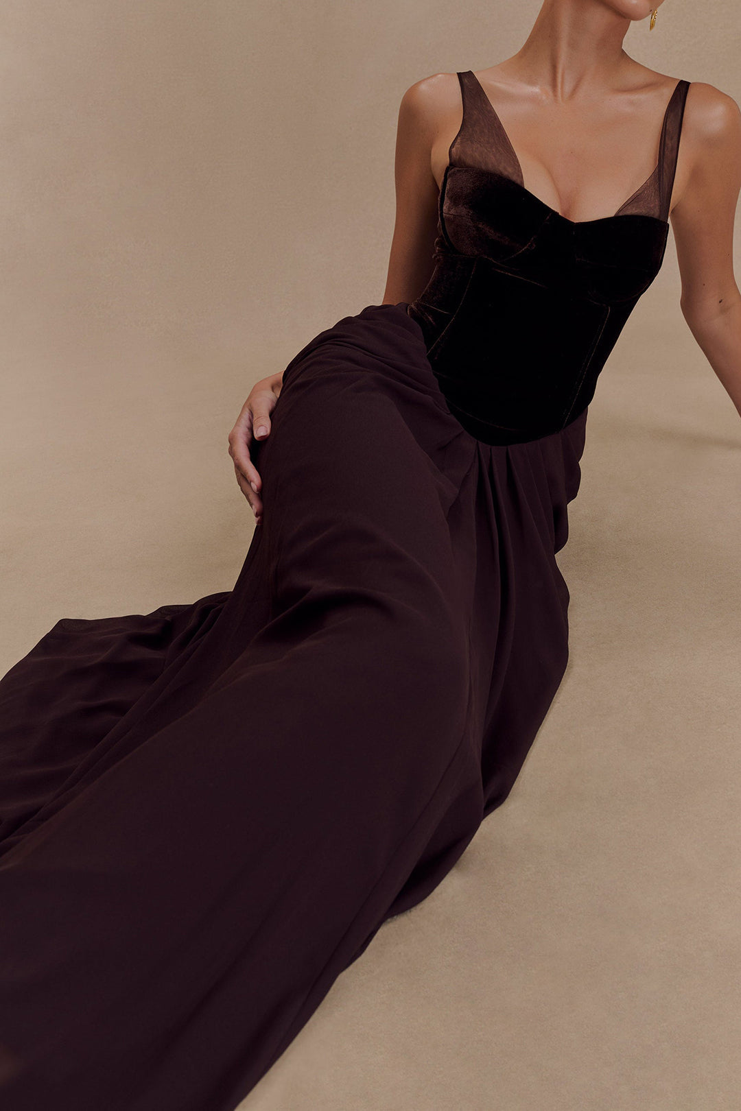 Chiffon Velvet Patchwork Ruched V-Neck Sleeveless Maxi Dress