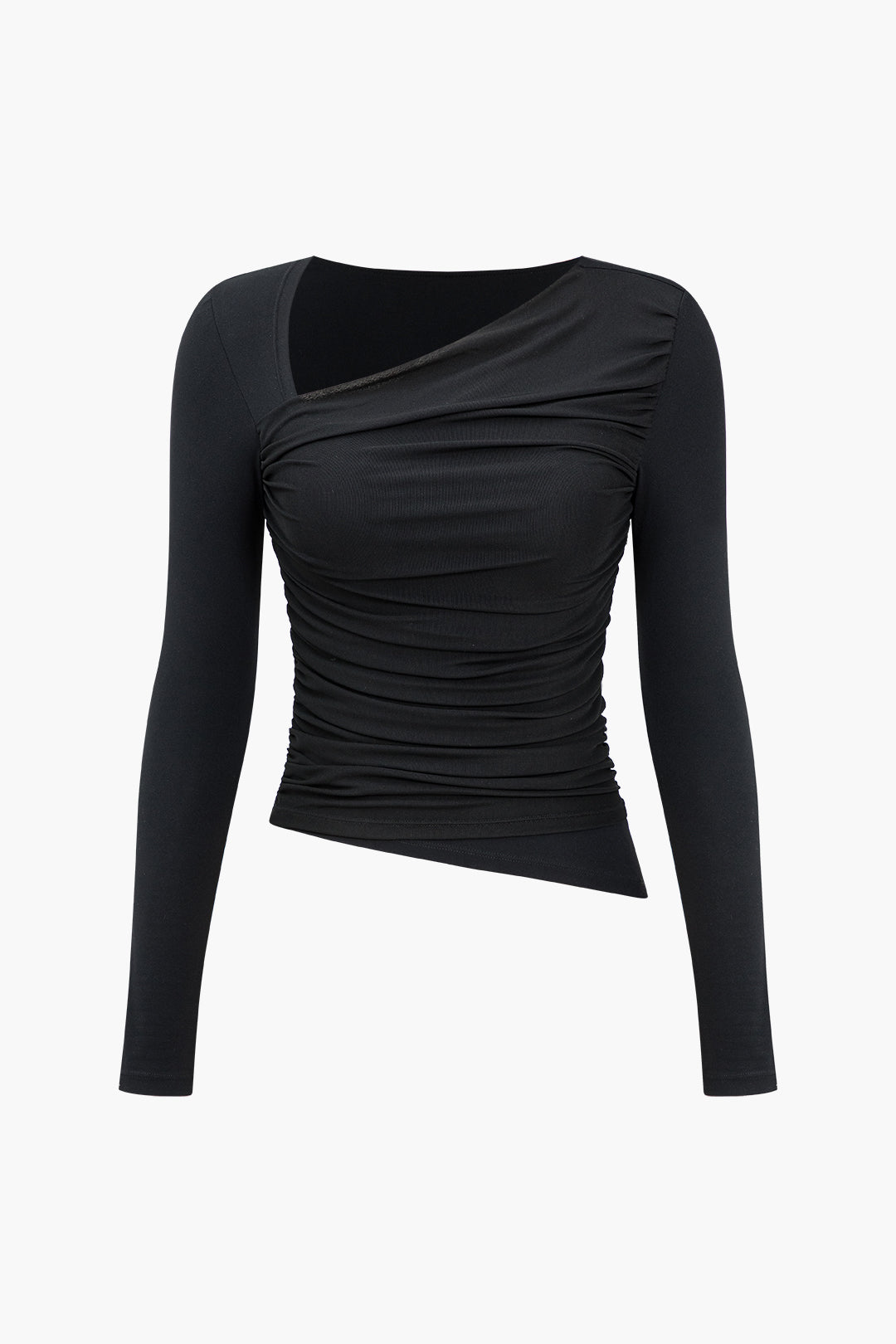 Solid Ruched Mesh Long-Sleeve Top