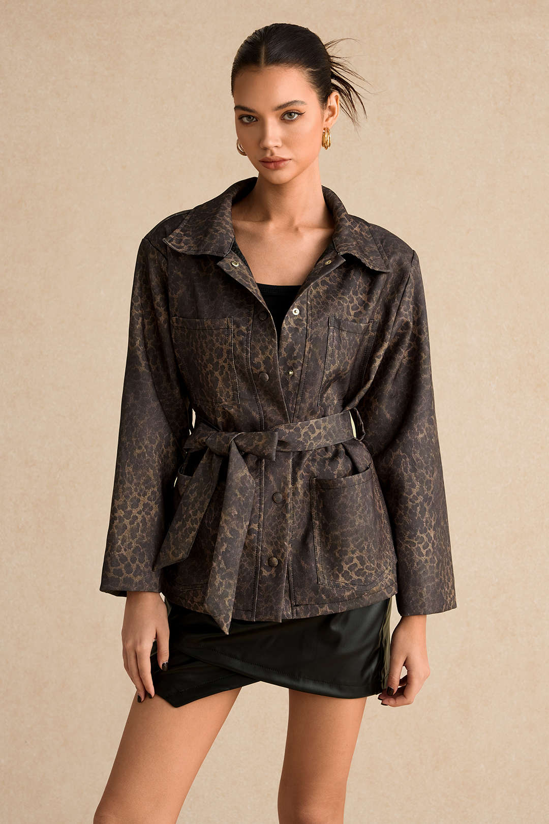 Leopard Print Pocket Button Belted Jacket