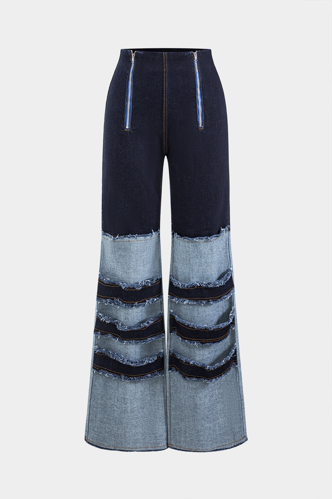 Denim Patchwork Fringe Zipper Pocket Flared Leg Jeans