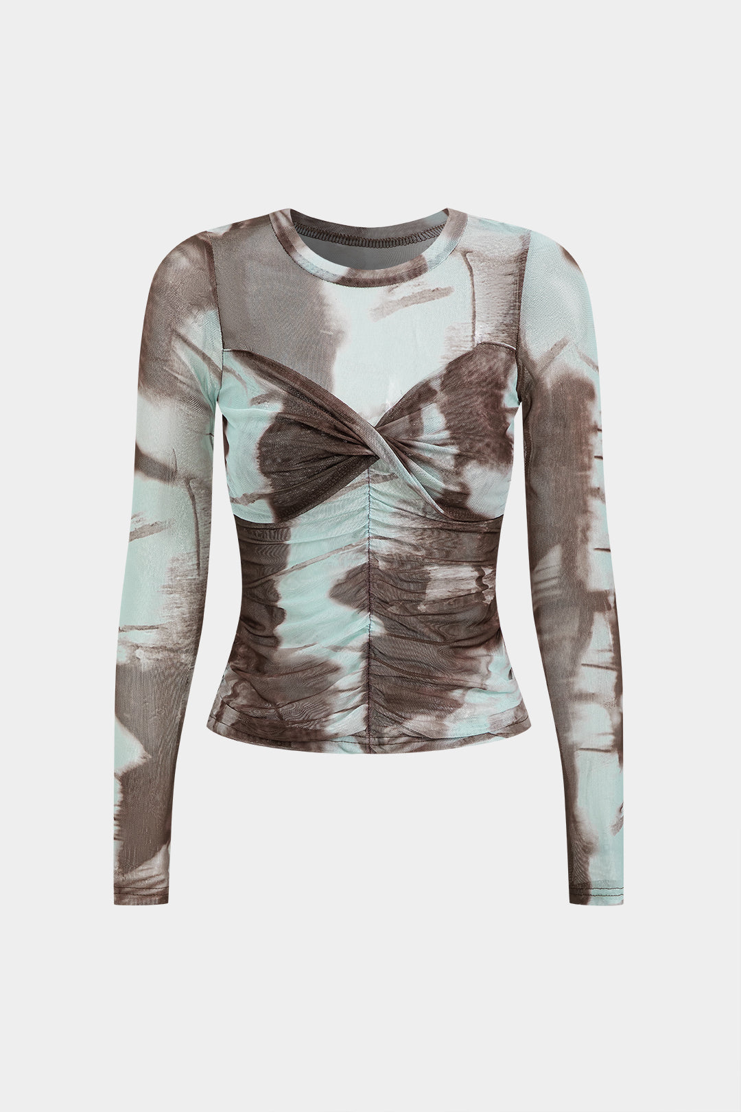 Tie Dye Print Mesh Twist Long-Sleeve Top