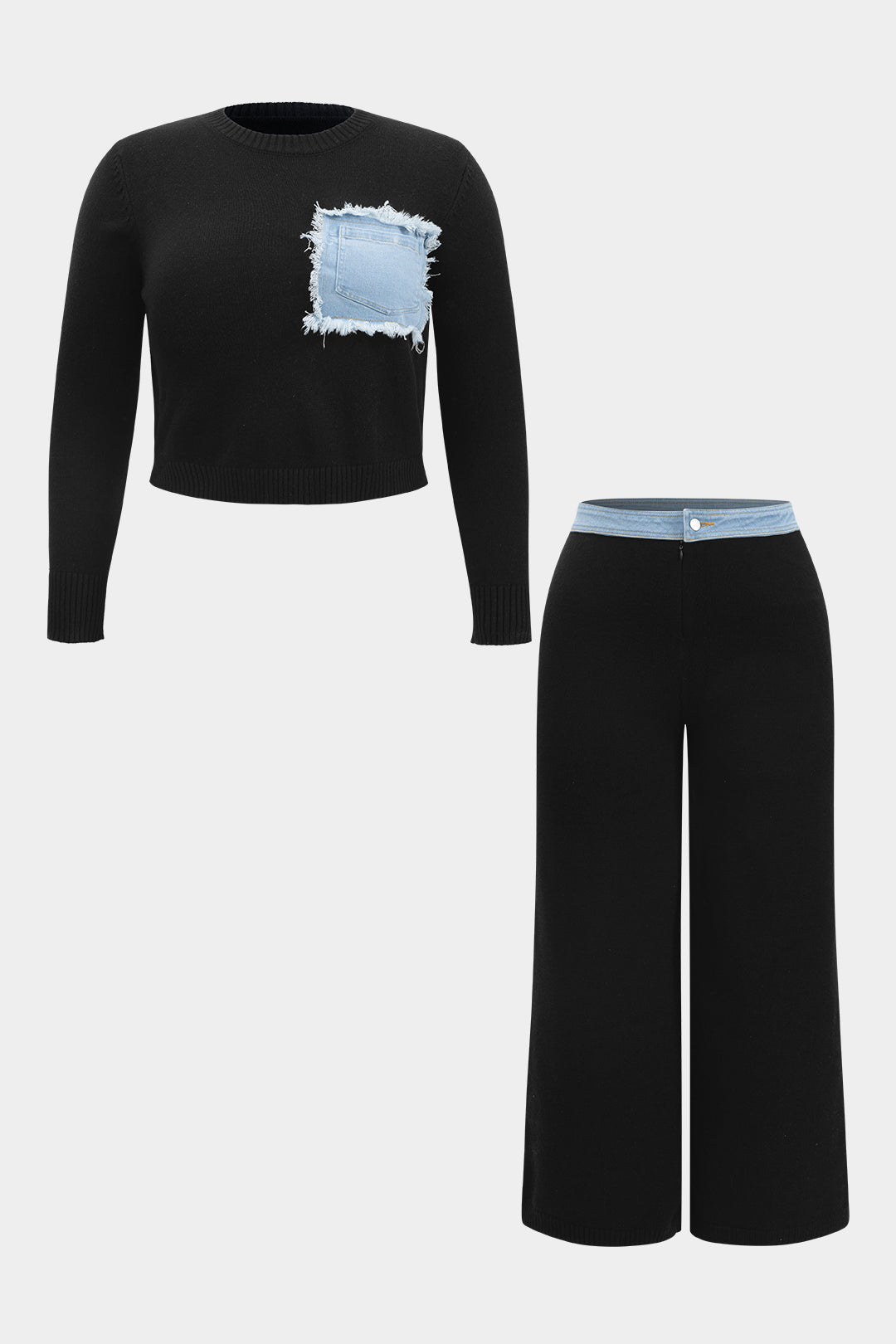 Plus Size Knit Patchwork Zipper Detail Top And High Waist Pants Set