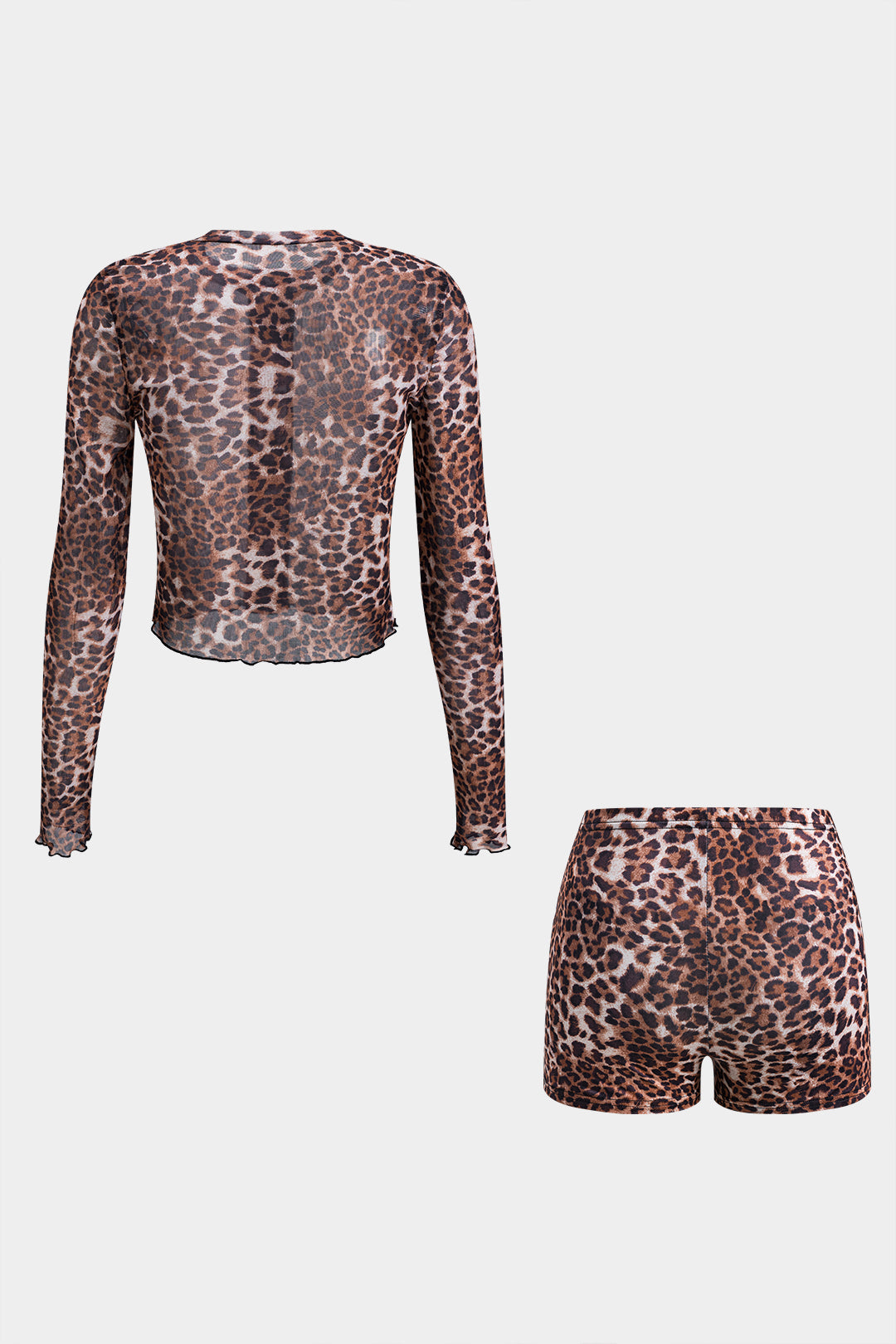 Leopard Print Mesh Button Long Sleeve Top And Shorts Set