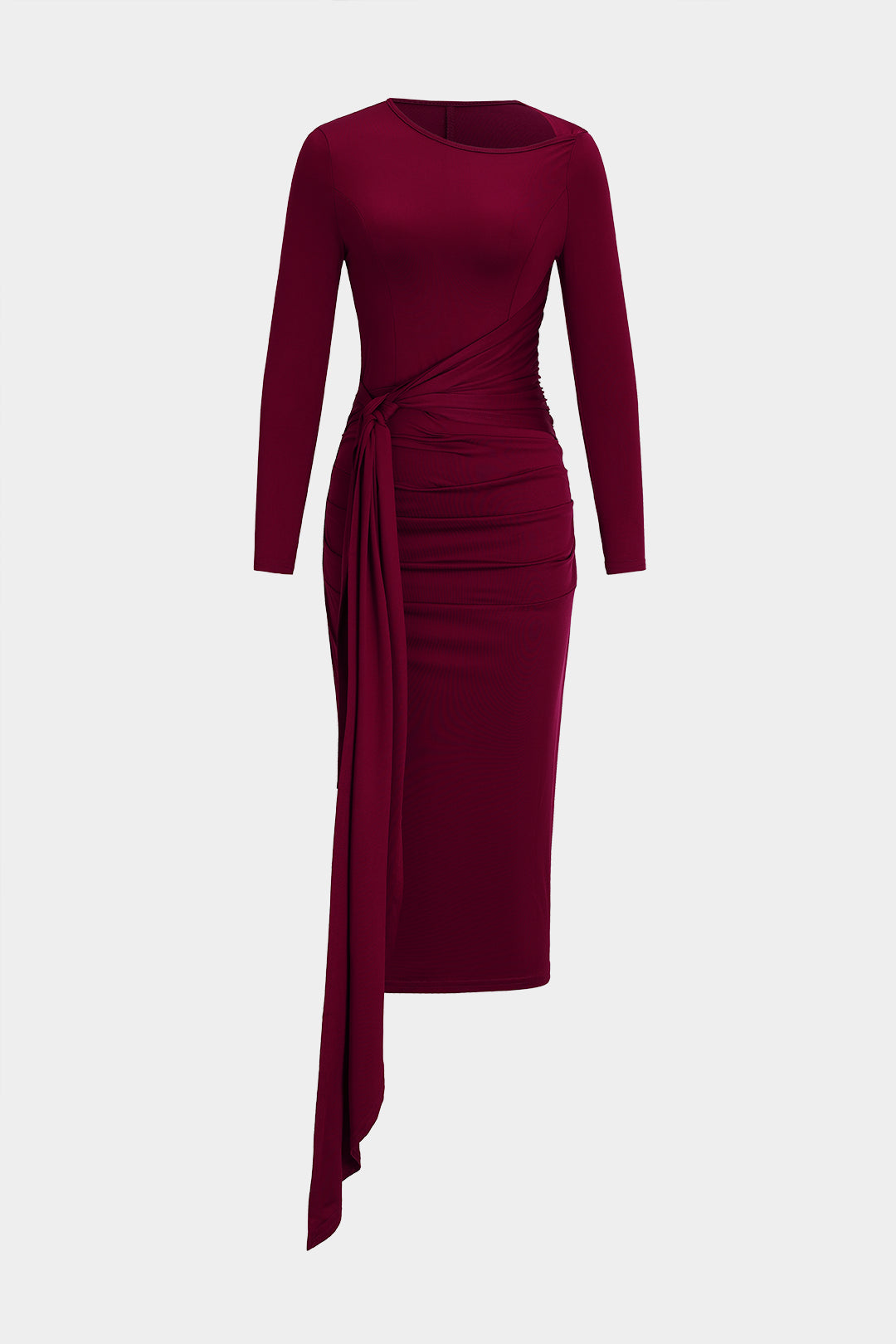 Tie Front Ruched Long Sleeve Midi Dress