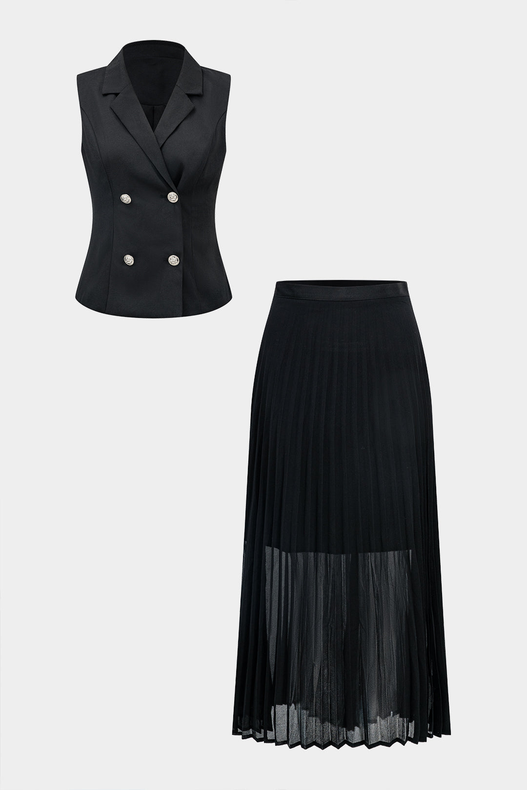 Sleeveless Blazer  And Pleated Button Chiffon Skirt Set