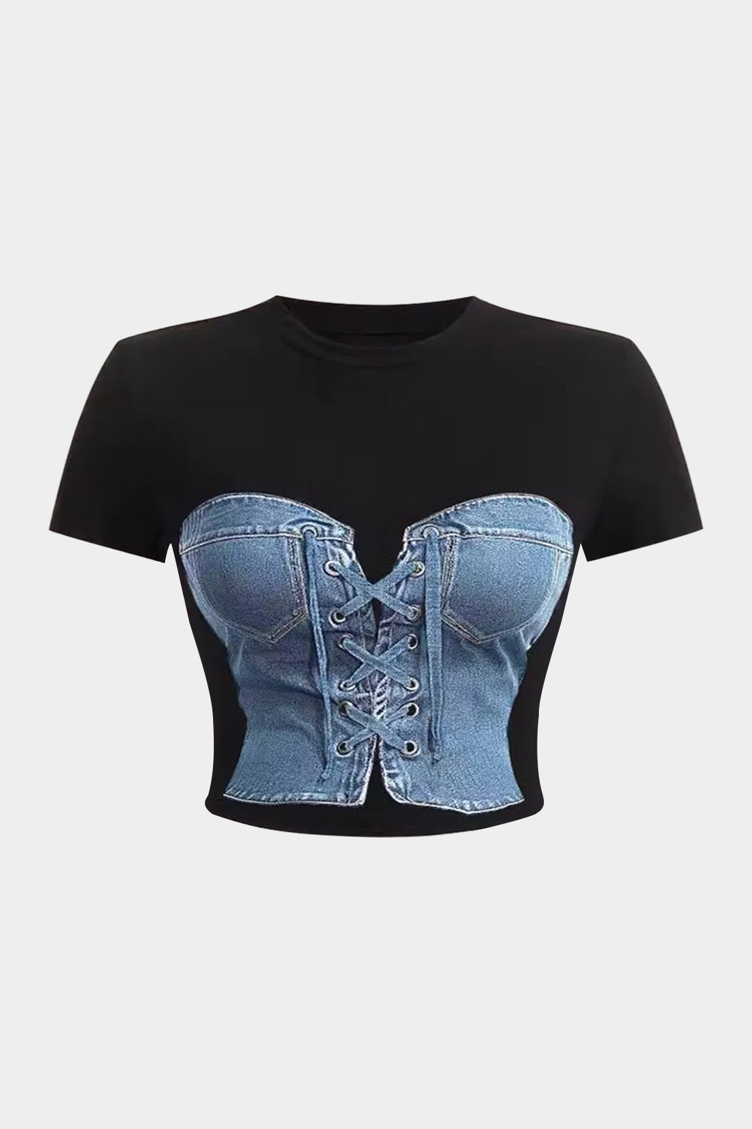 Patchwork Drawstrings Bustier Short Sleeve T-Shirt