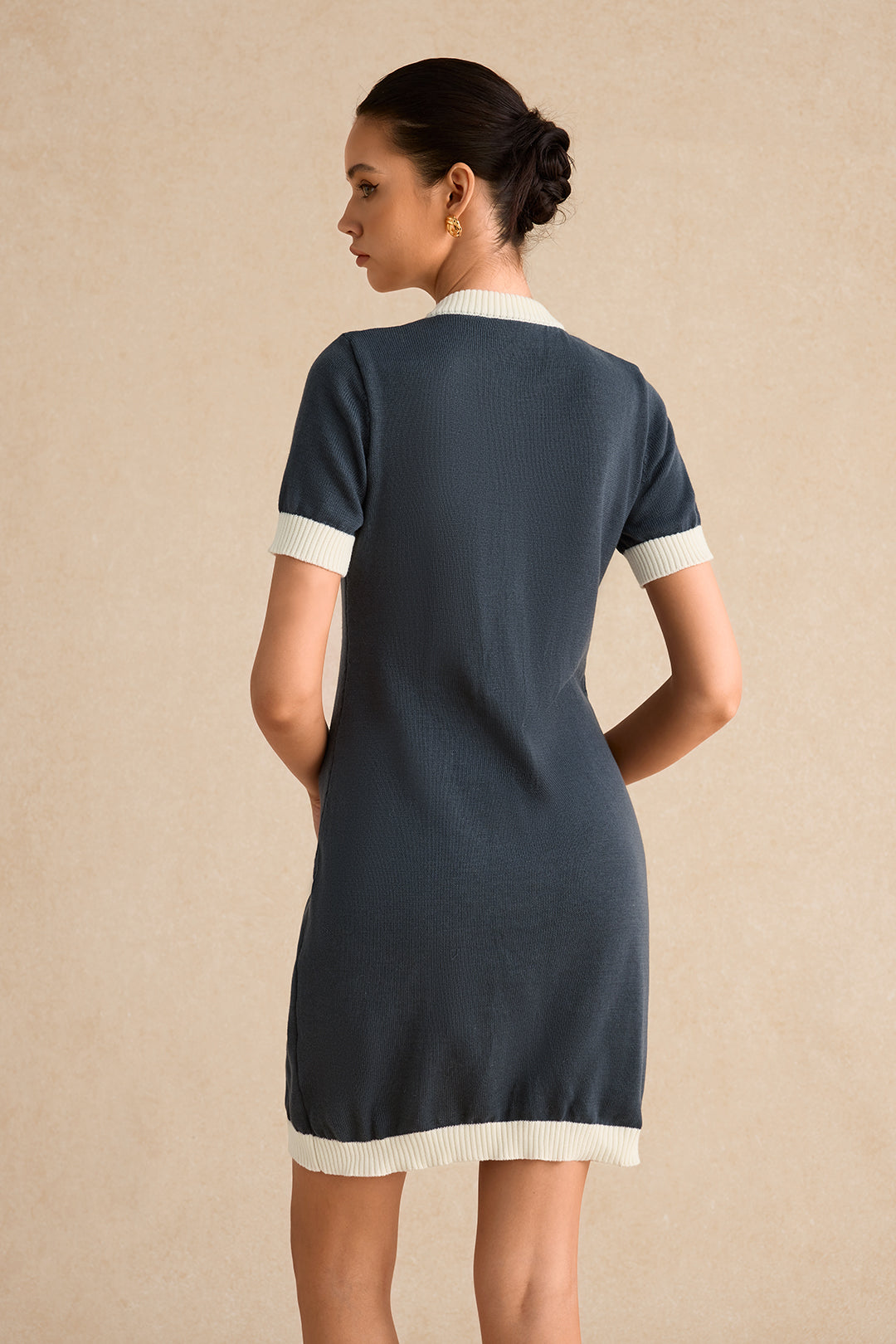 Knitted Contrast Short Sleeve Button Dress