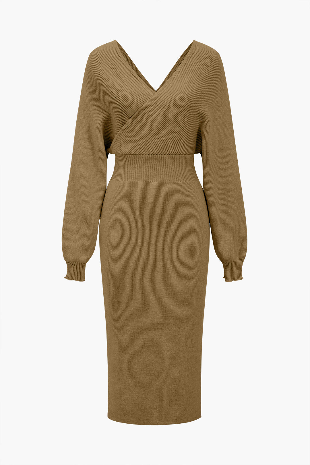 Knit Long Sleeve V-Neck Slit Dress