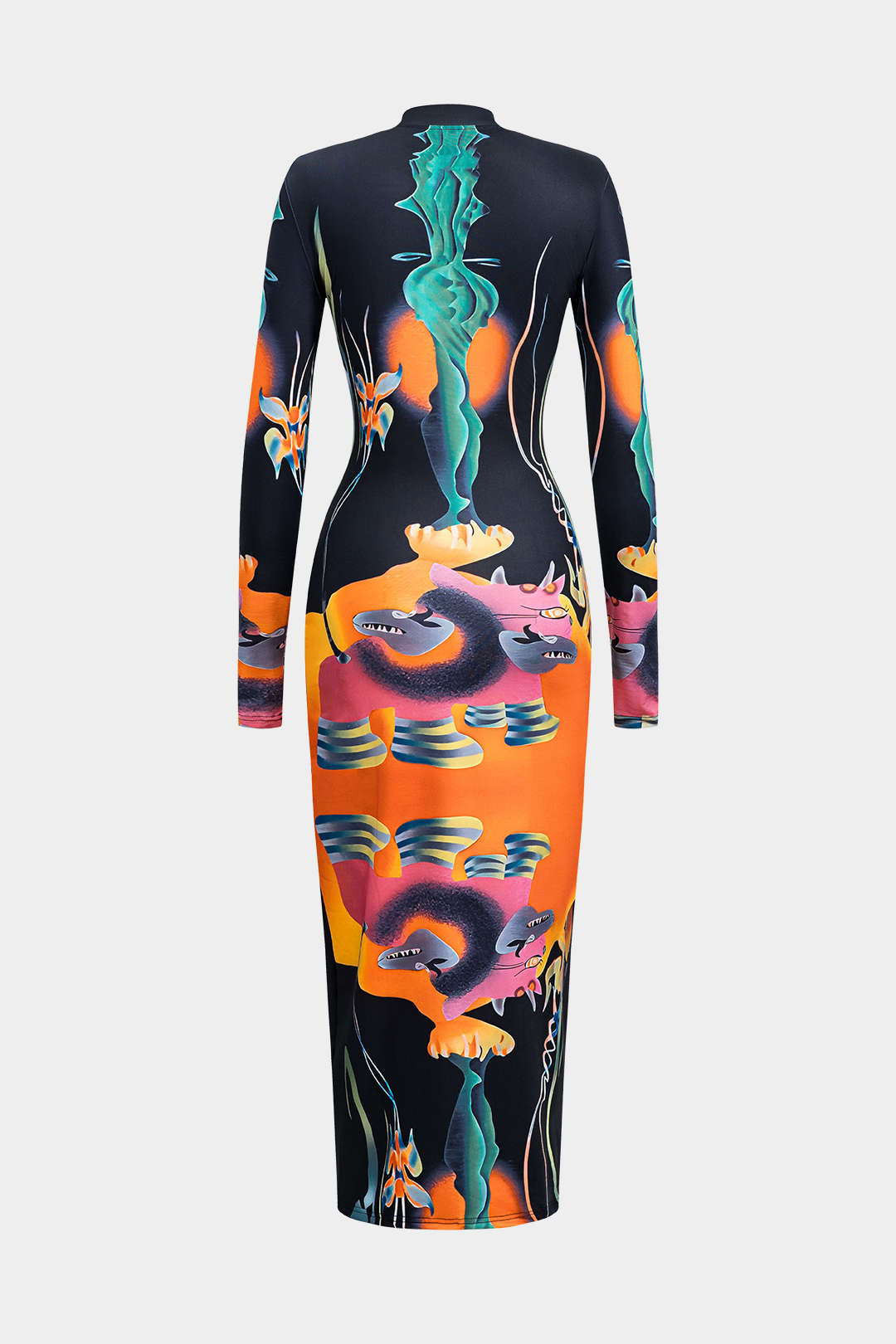 Abstract Print Long Sleeve Bodycon Midi Dress