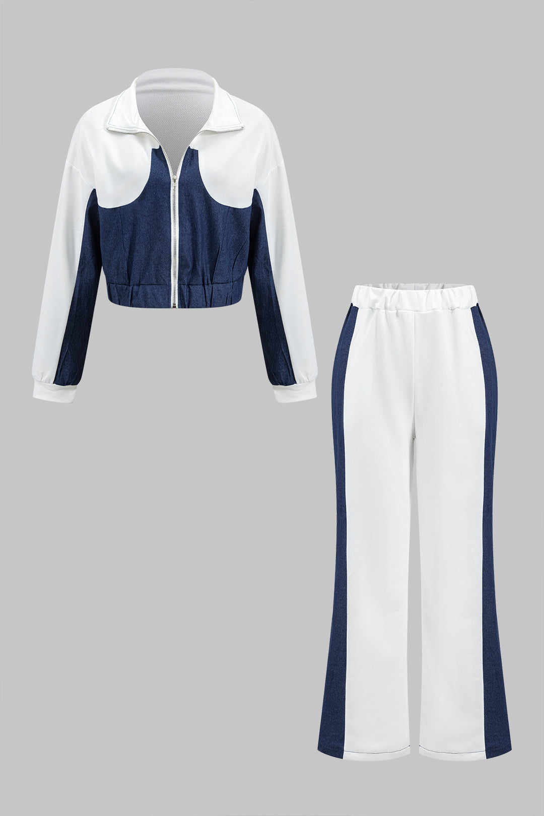 Denim Zipper Patchwork Jacket And Trousers Set