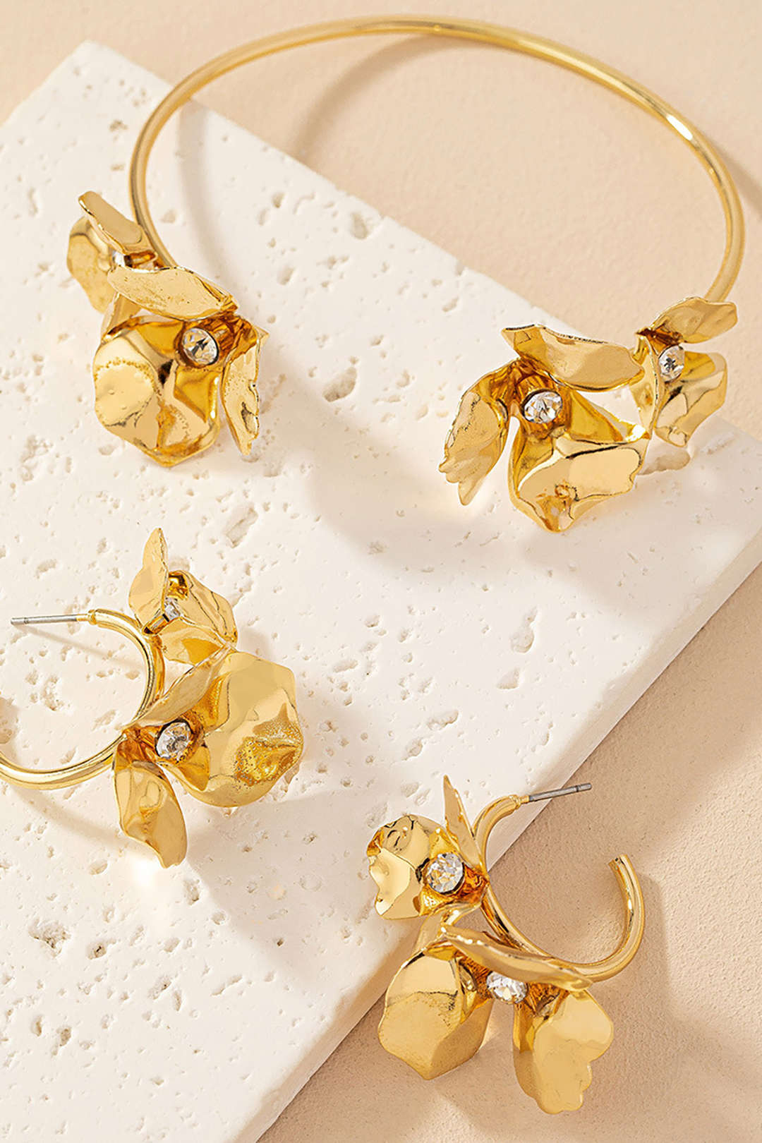 Metal Petal Earrings And Open Bangle