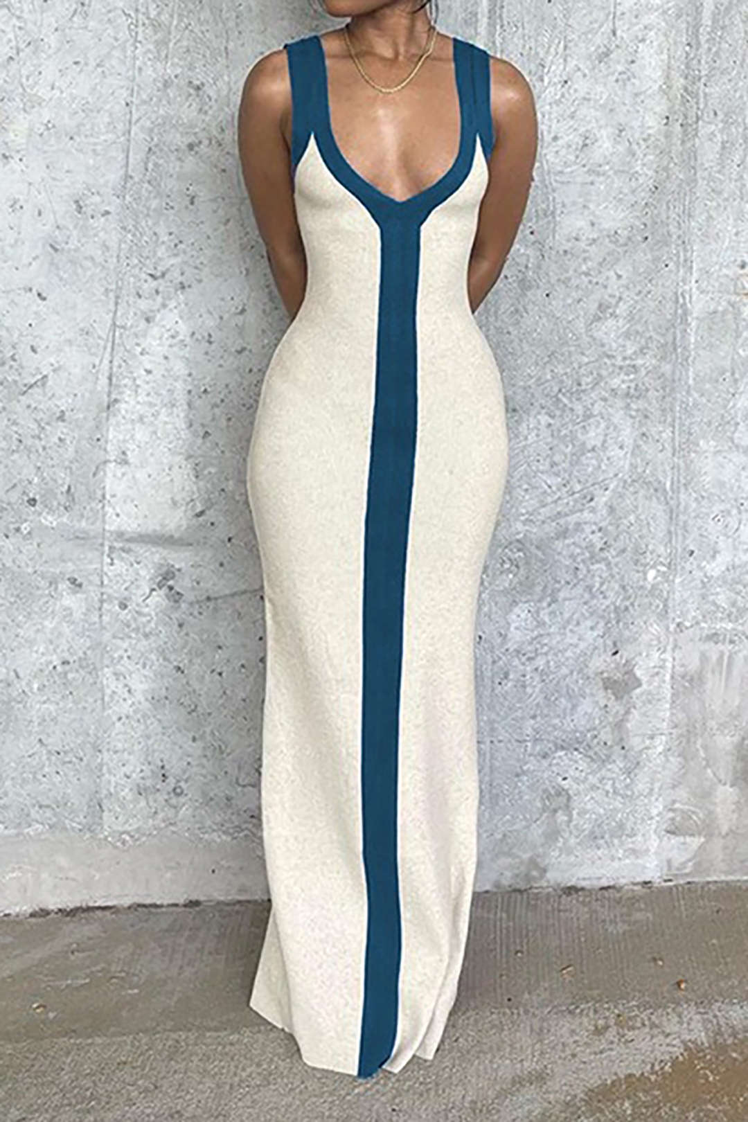 Colorblock V-neck Ribbed Split Maxi Dress