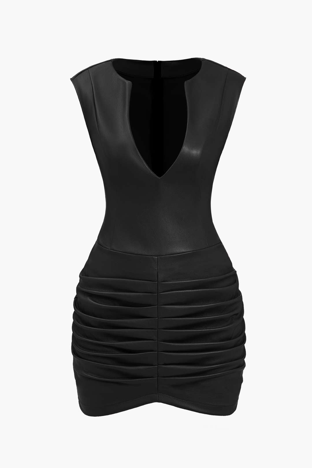 Ruched Faux Leather V-Neck Bodycon Mini Dress