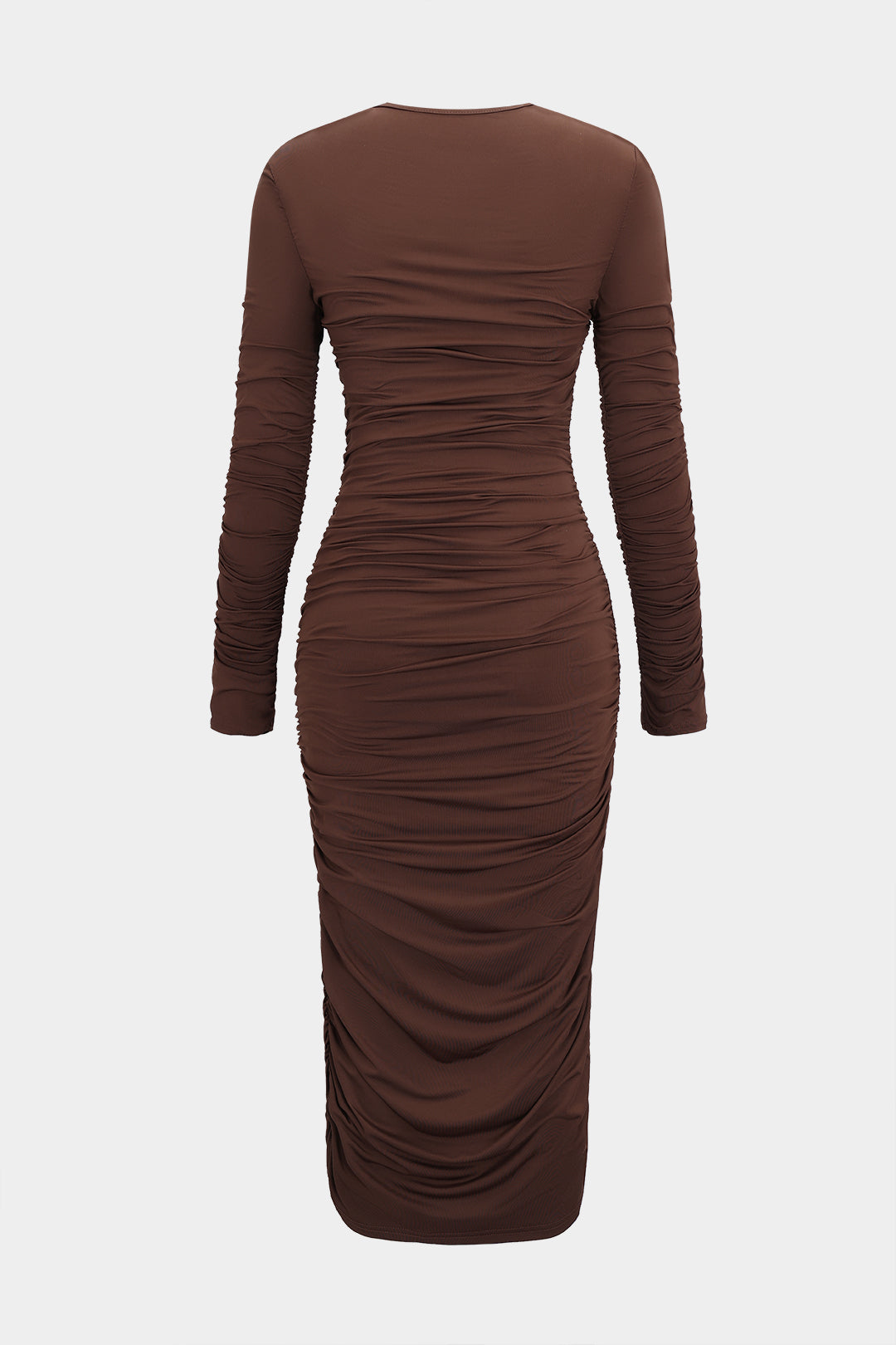 Ruched Round Neck Long-Sleeve Midi Dress