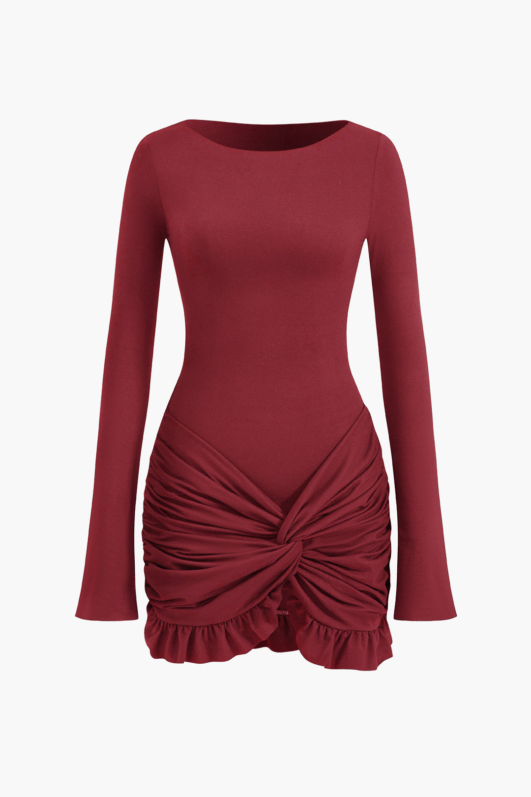 Solid Ruffle Ruched Twist Long Sleeve Mini Dress