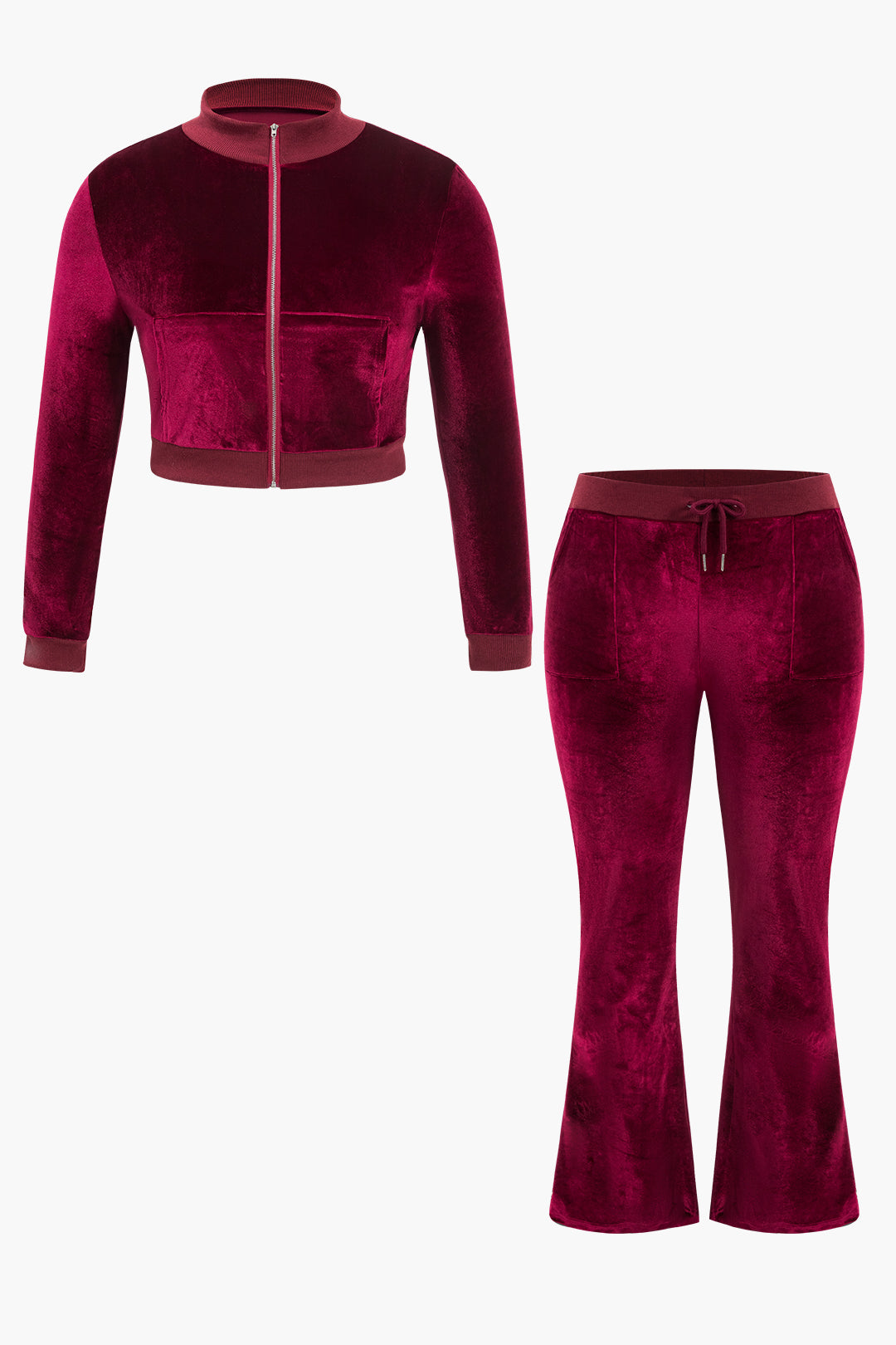 Plus Size Velvet Zipper Top And Trousers Set