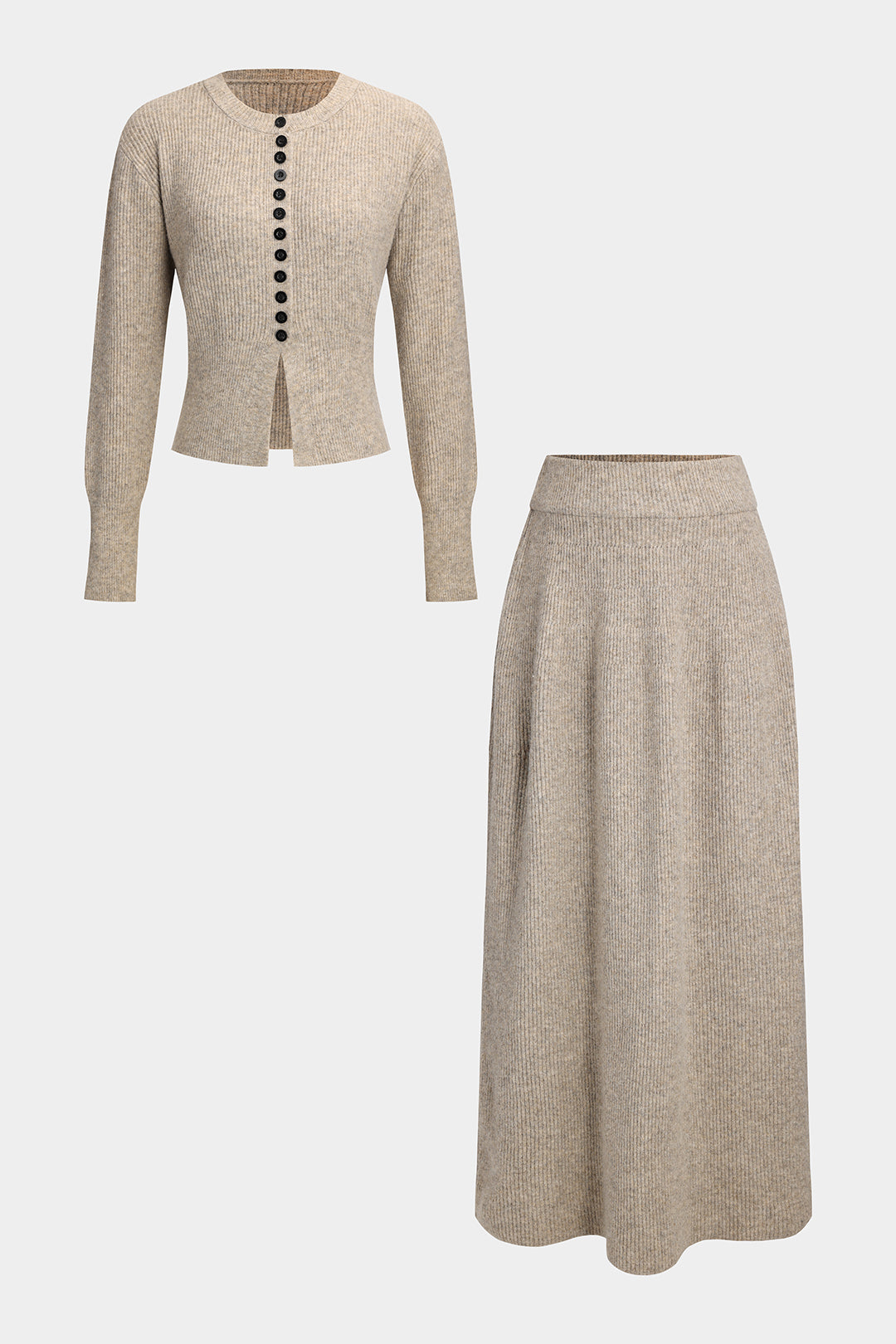 Knit Button Round Neck Long Sleeve Cardigan And Skirt Set