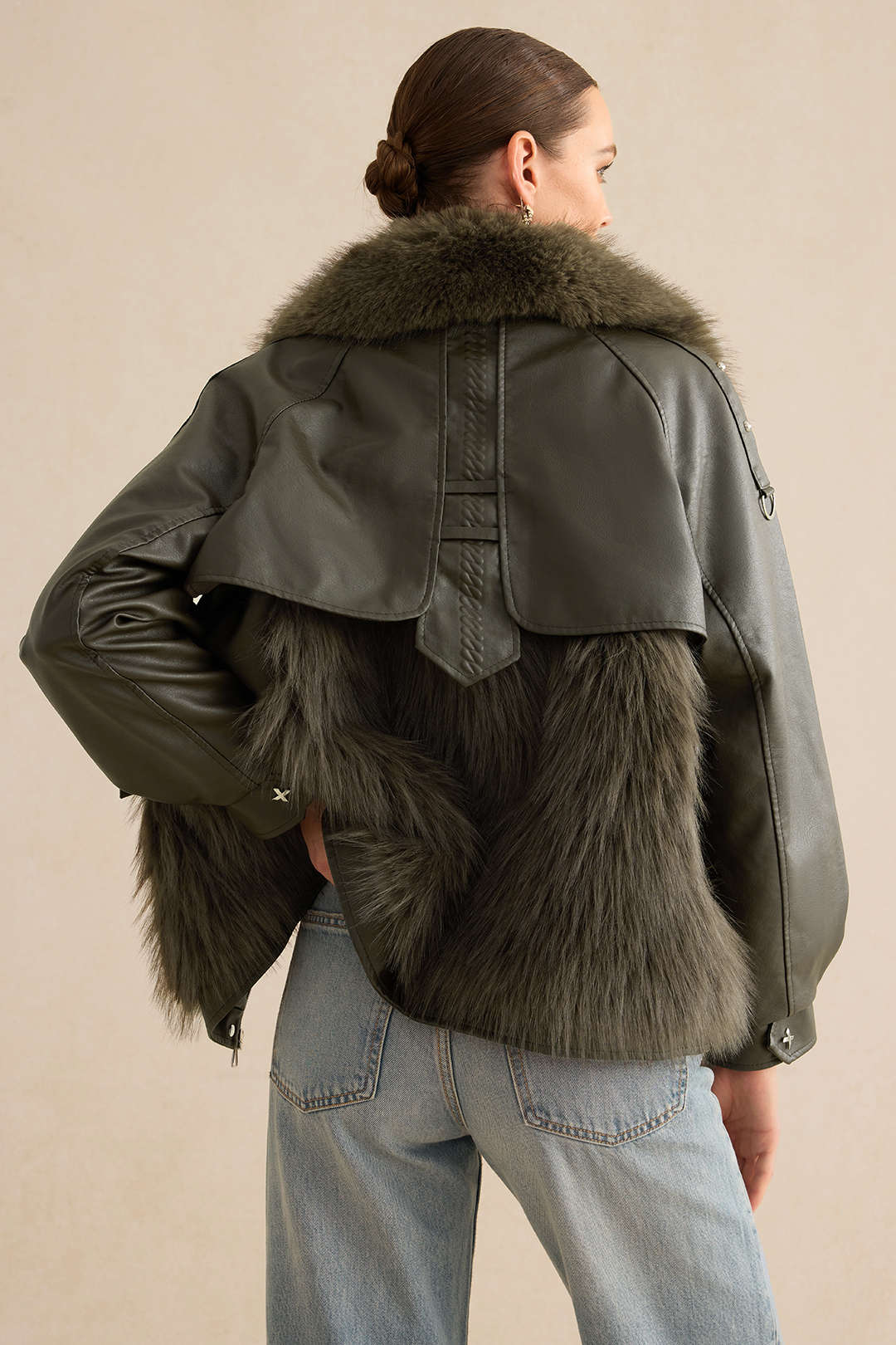 Faux Leather Fur Patchwork Coat