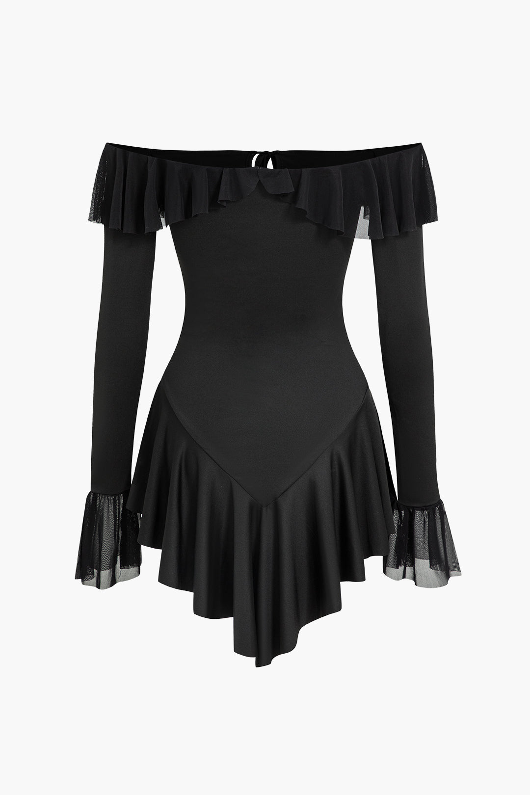 Mesh Ruffle Tie Front Off Shoulder Long Sleeve Mini Dress