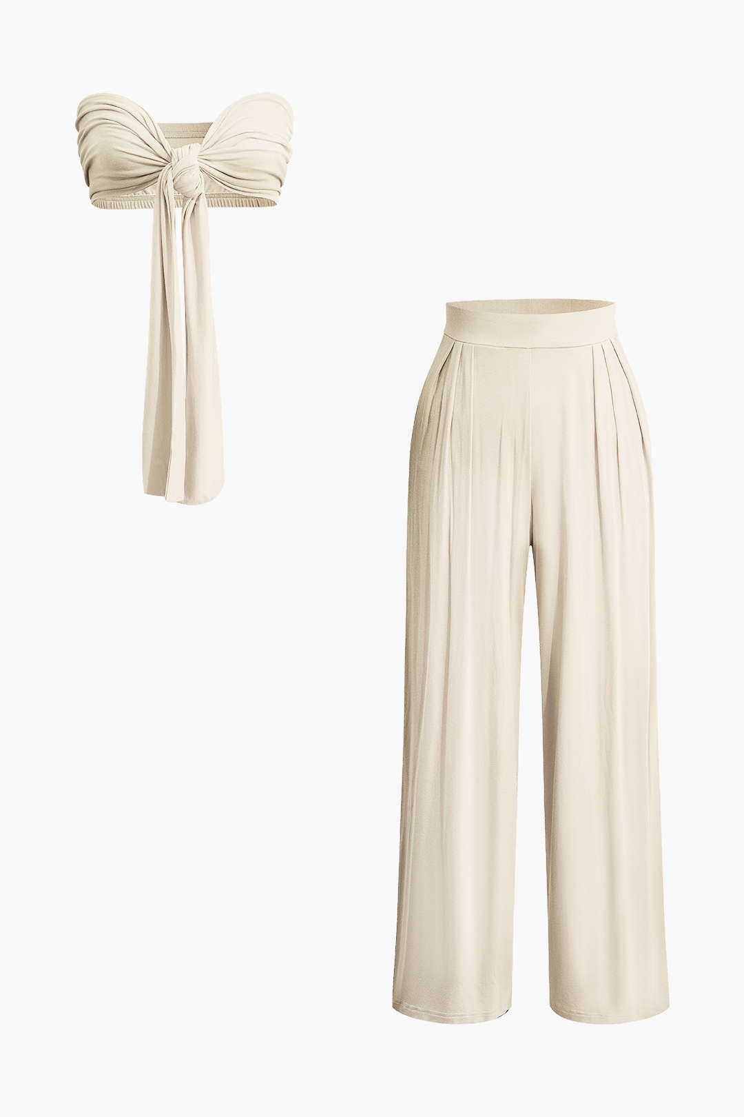 Tie Knot Front Ruched Tube Top And Pleated Wide Leg Pants