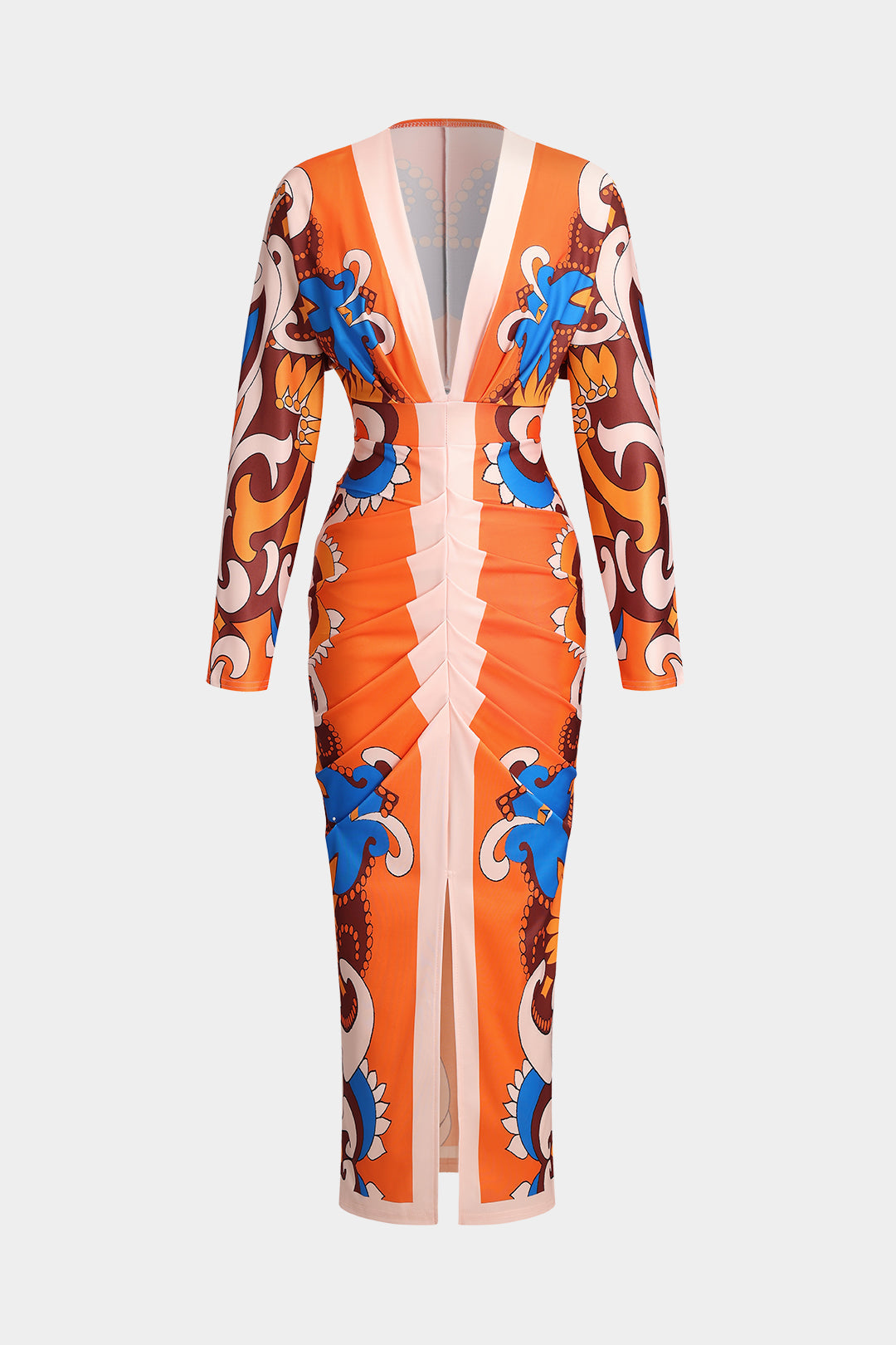 Hawaiian Pattern Ruched V-Neck Long Sleeve Midi Dress