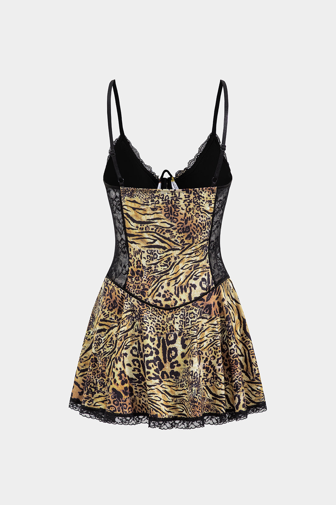 Leopard Print Lace Patchwork Backless Slip Mini Dress