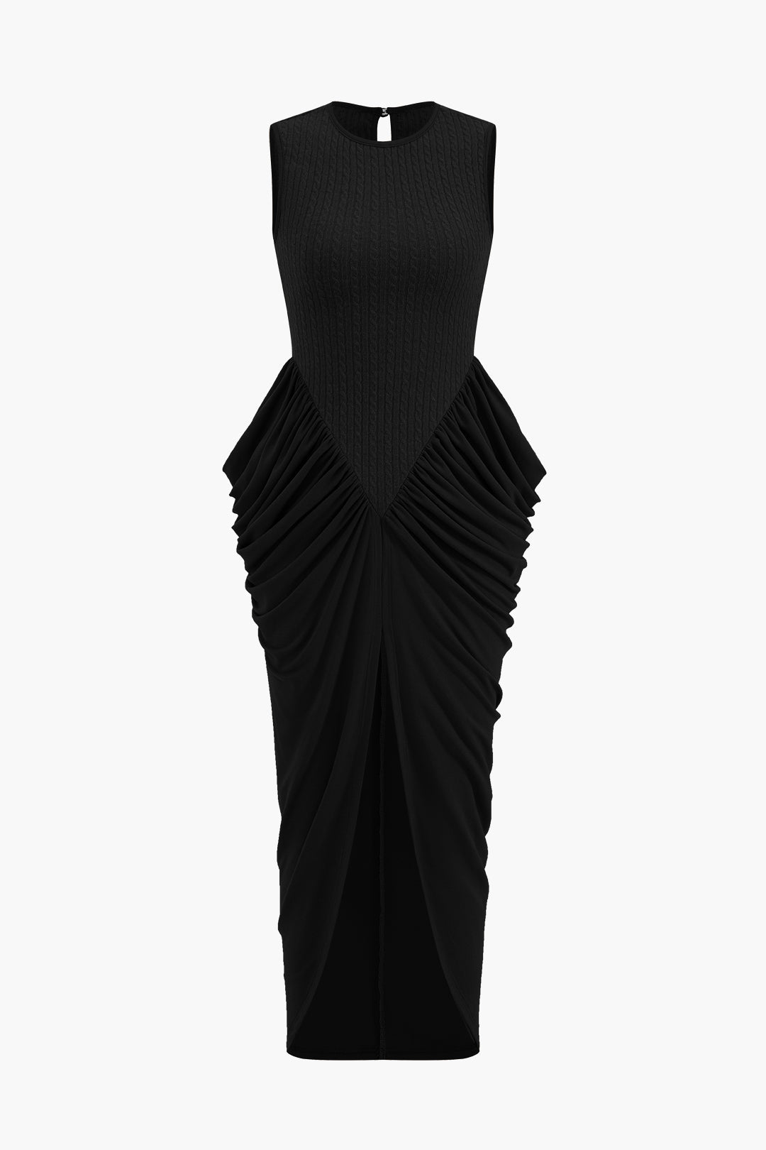 Ruched Sleeveless Round Neck Slit Maxi Dress