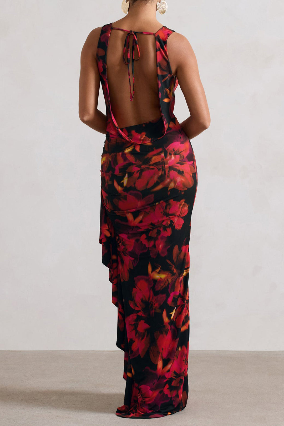 Floral Print Ruched V-Neck Tie Back Backless Slit Maxi Dress