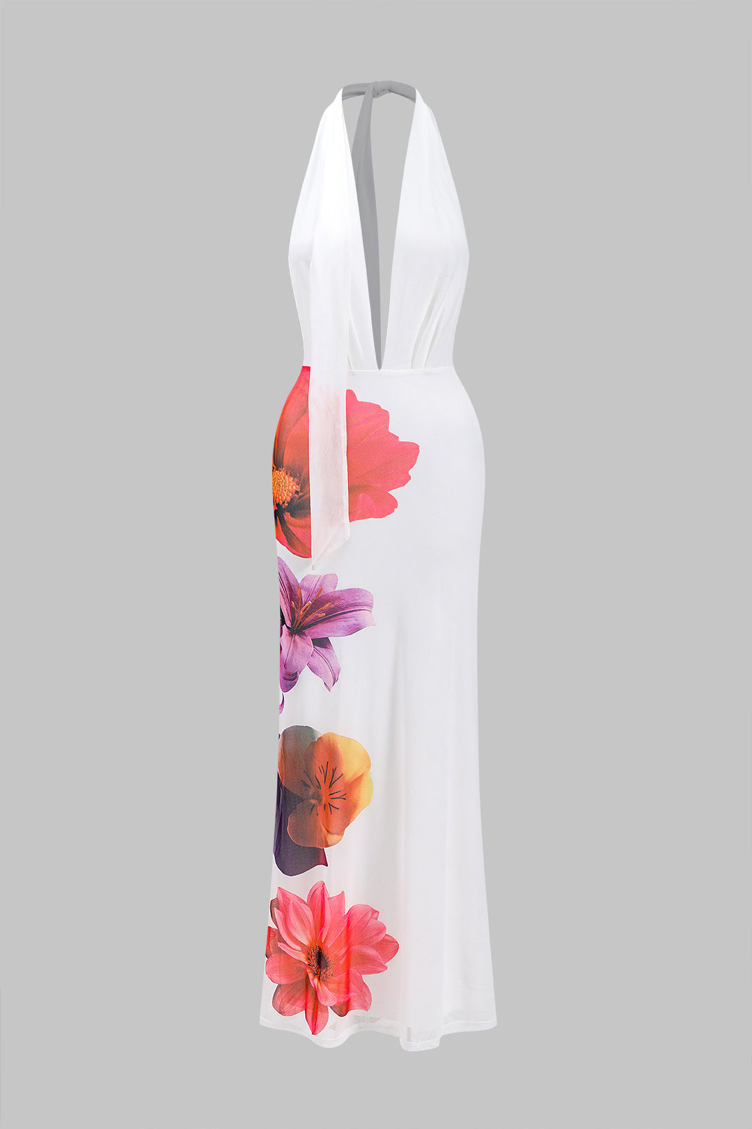 Floral Print Mesh Ruched Tie Up Backless Maxi Dress