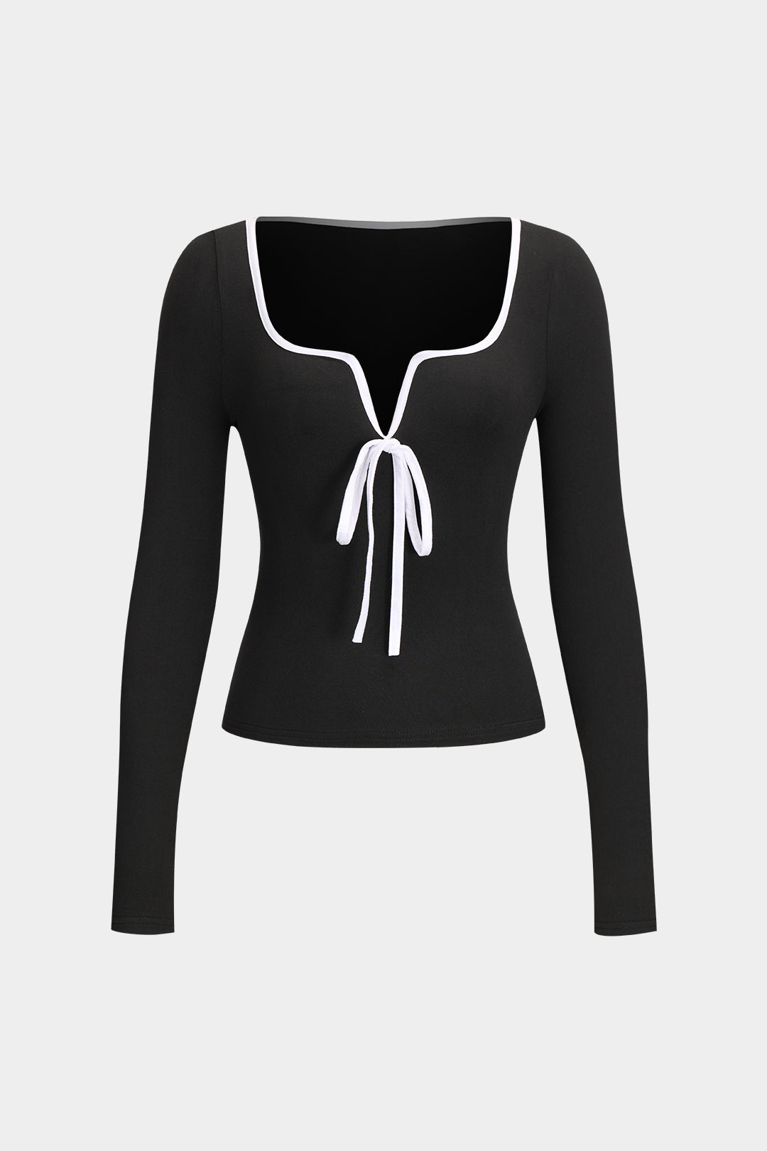 Contrast Bow Tie-Up Long-Sleeve Top