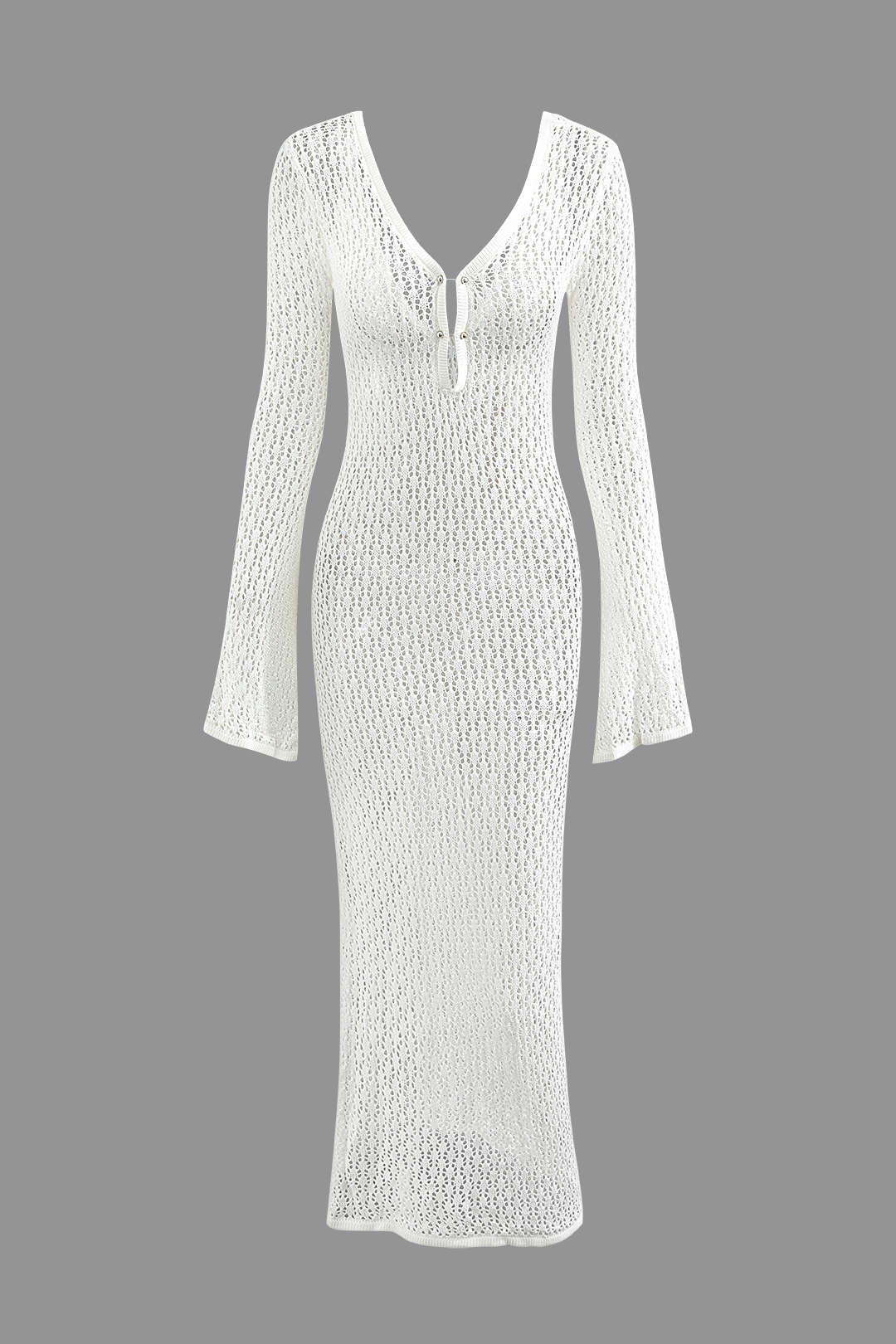 V-neck Crochet Open Knit Long Sleeve Maxi Dress