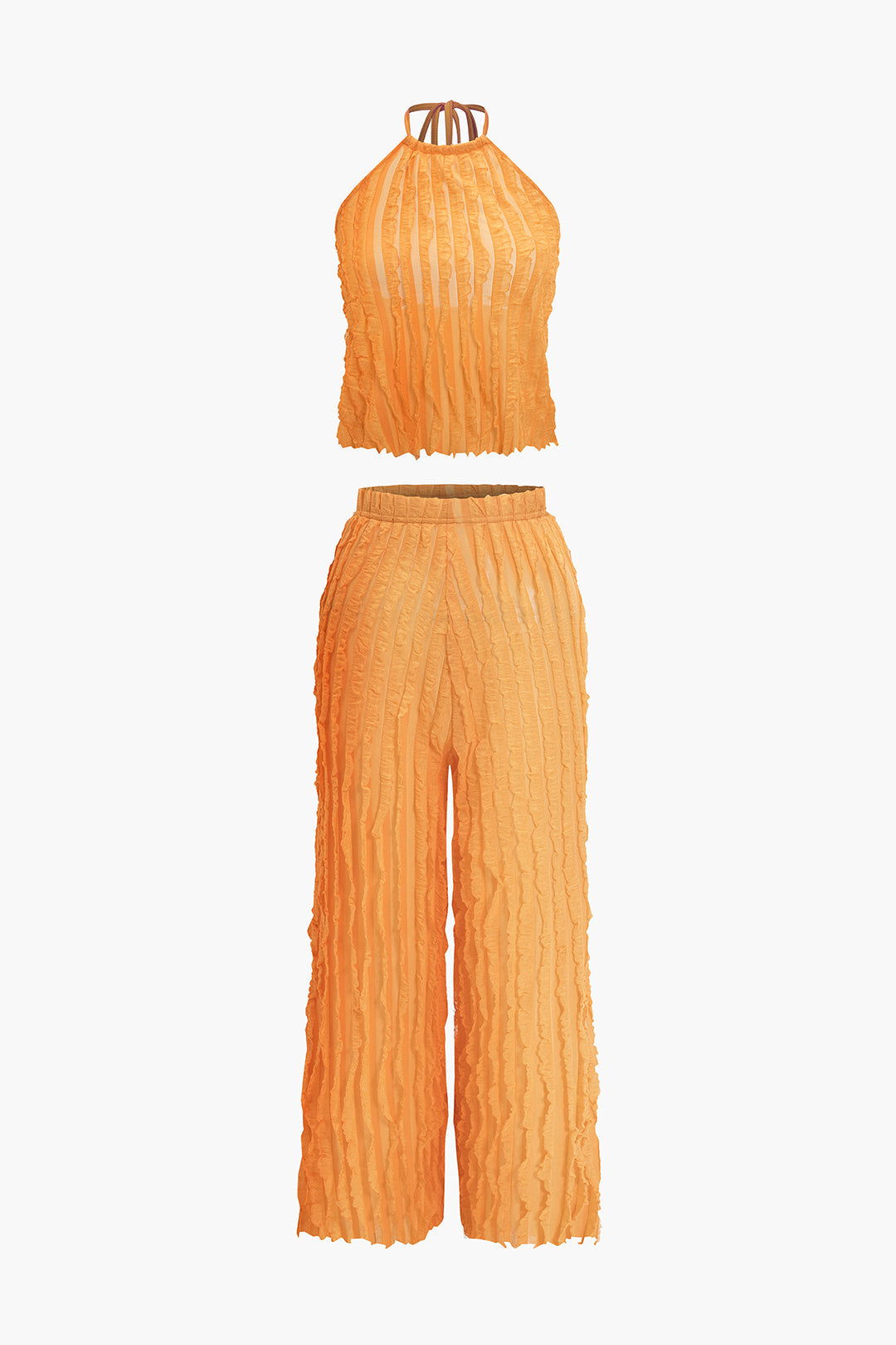 Ruffled Textured Halter Crop Top And Wide-Leg Pants Set