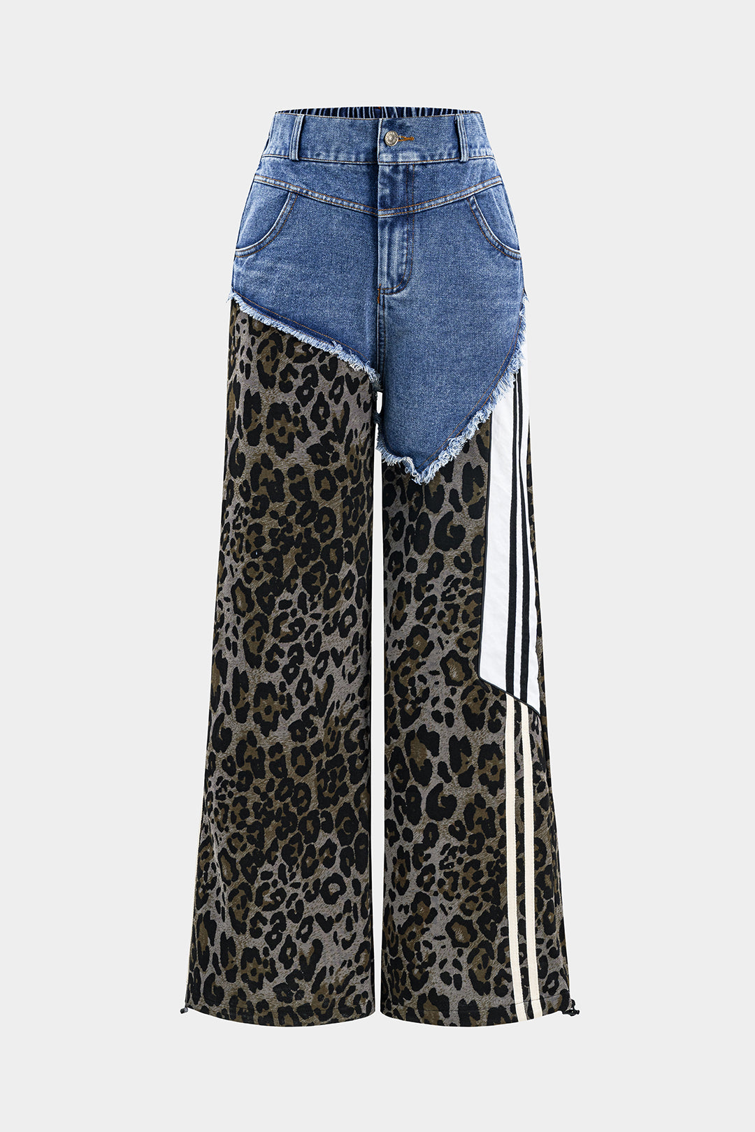 Leopard Print Denim Pleated Patchwork Button Pocket Wide Leg Jeans