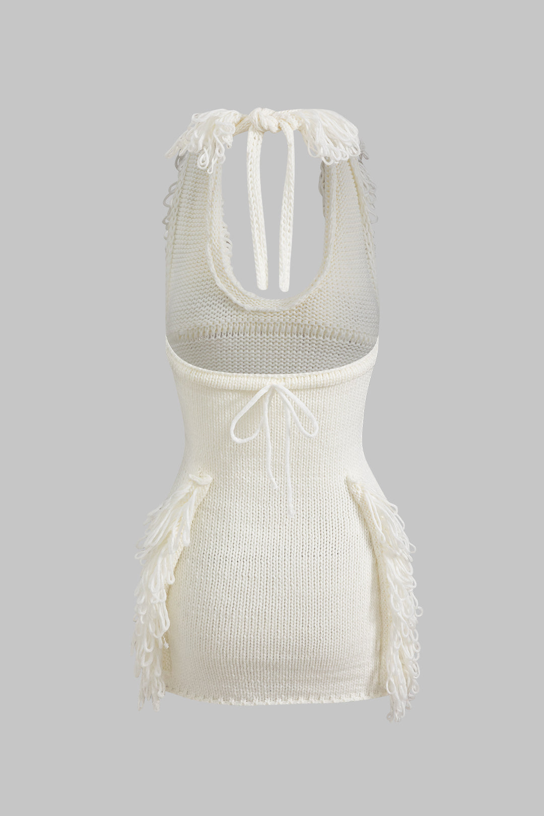 Knit Fringe Knotted Halter Neck Backless Dress