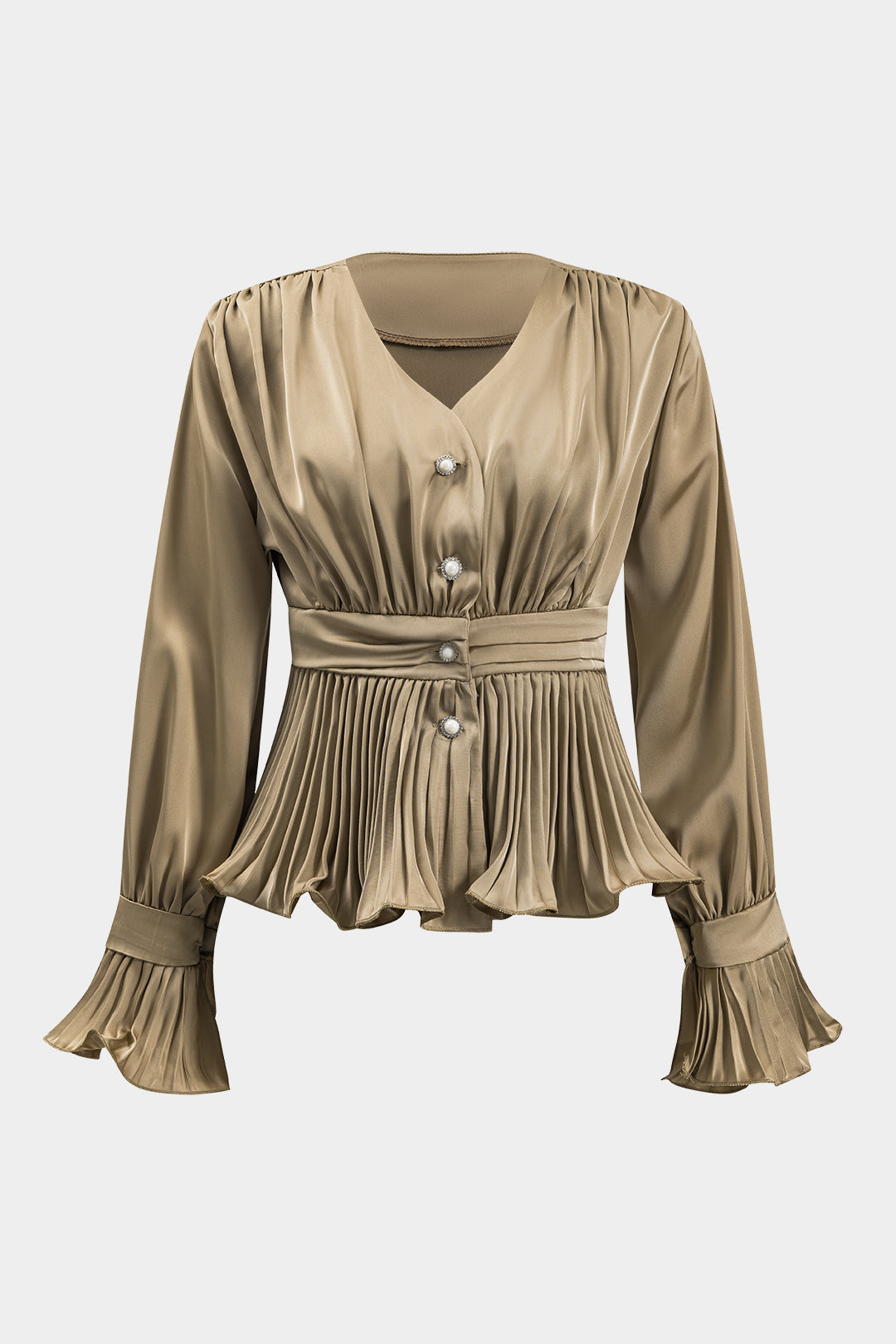 Satin Ruffle Ruched Button Long-Sleeve Shirt