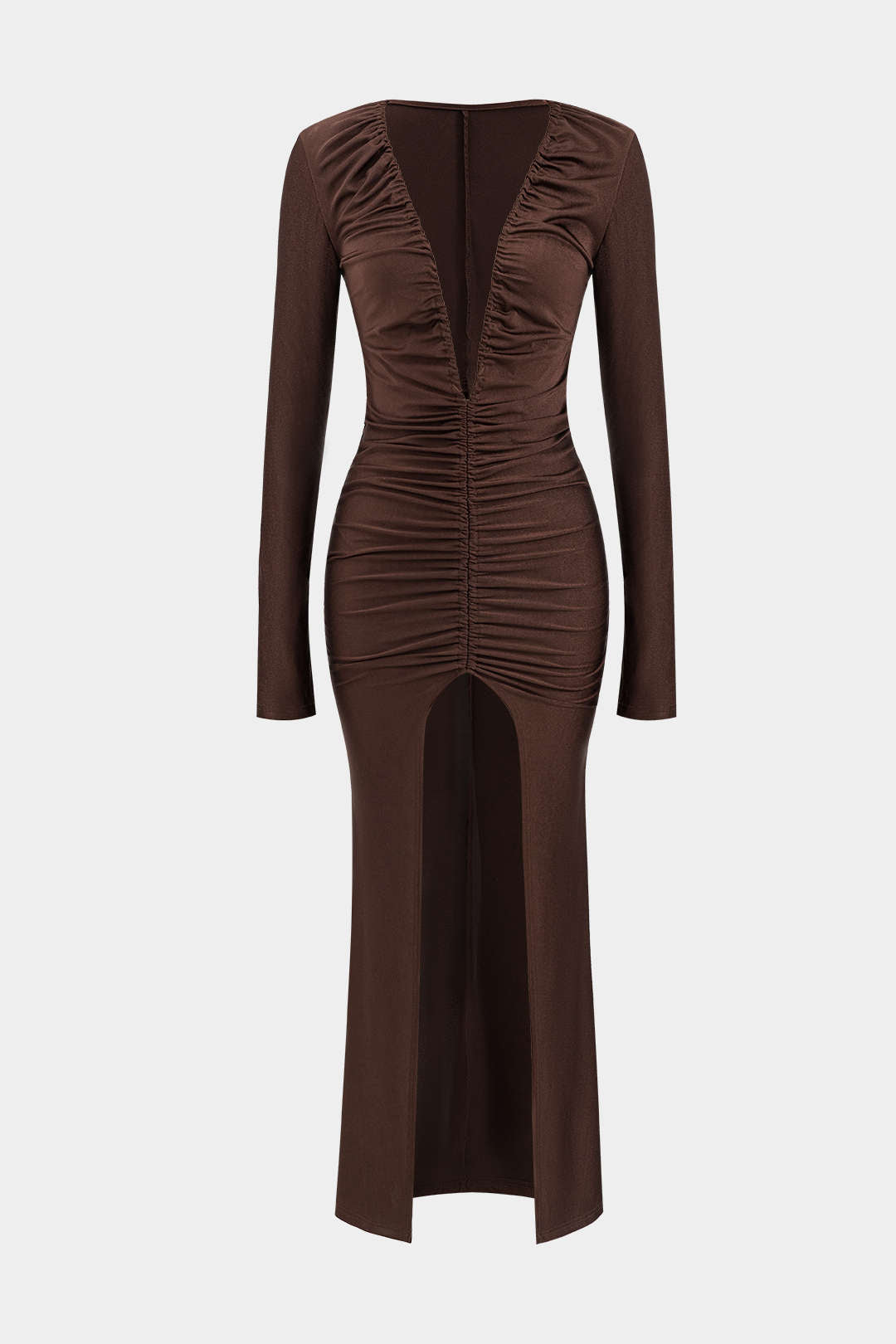 Ruched V-Neck Long Sleeve Maxi Dress