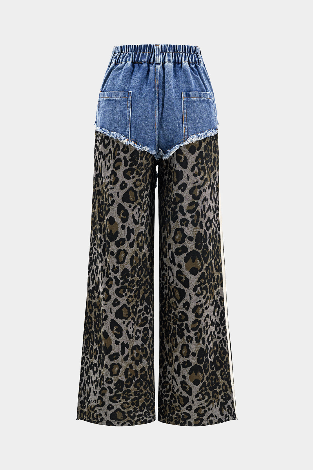 Leopard Print Denim Pleated Patchwork Button Pocket Wide Leg Jeans