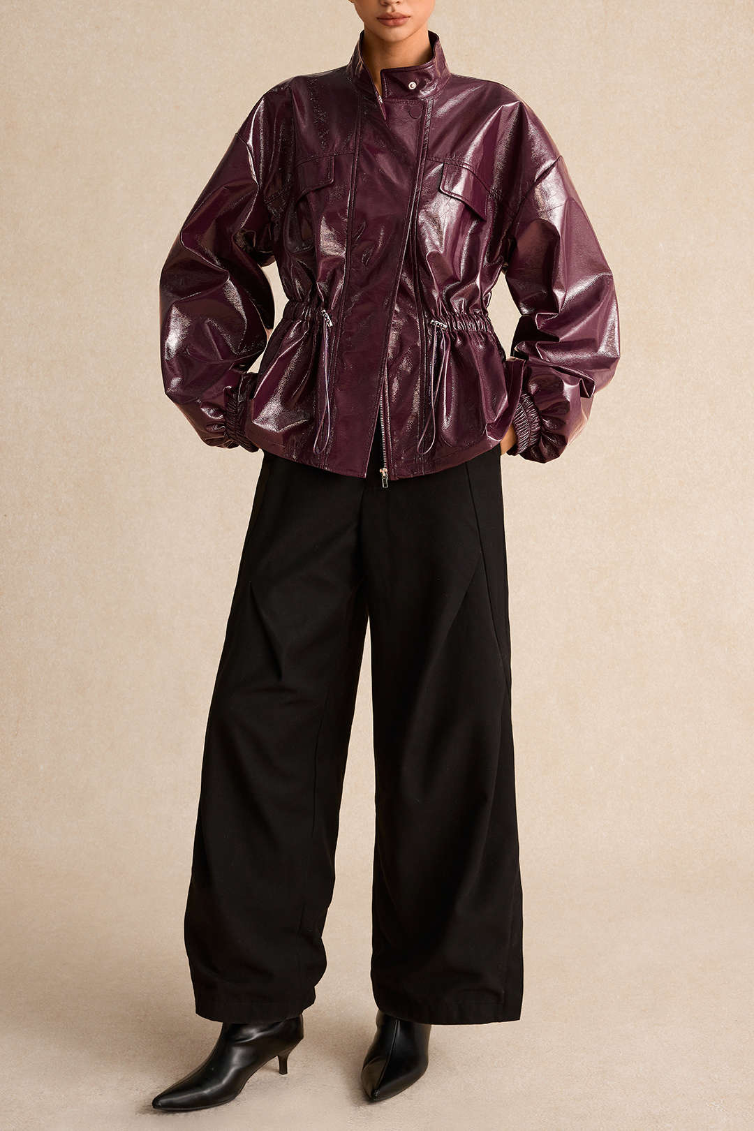 Faux Leather Drawstring Pocket Jacket