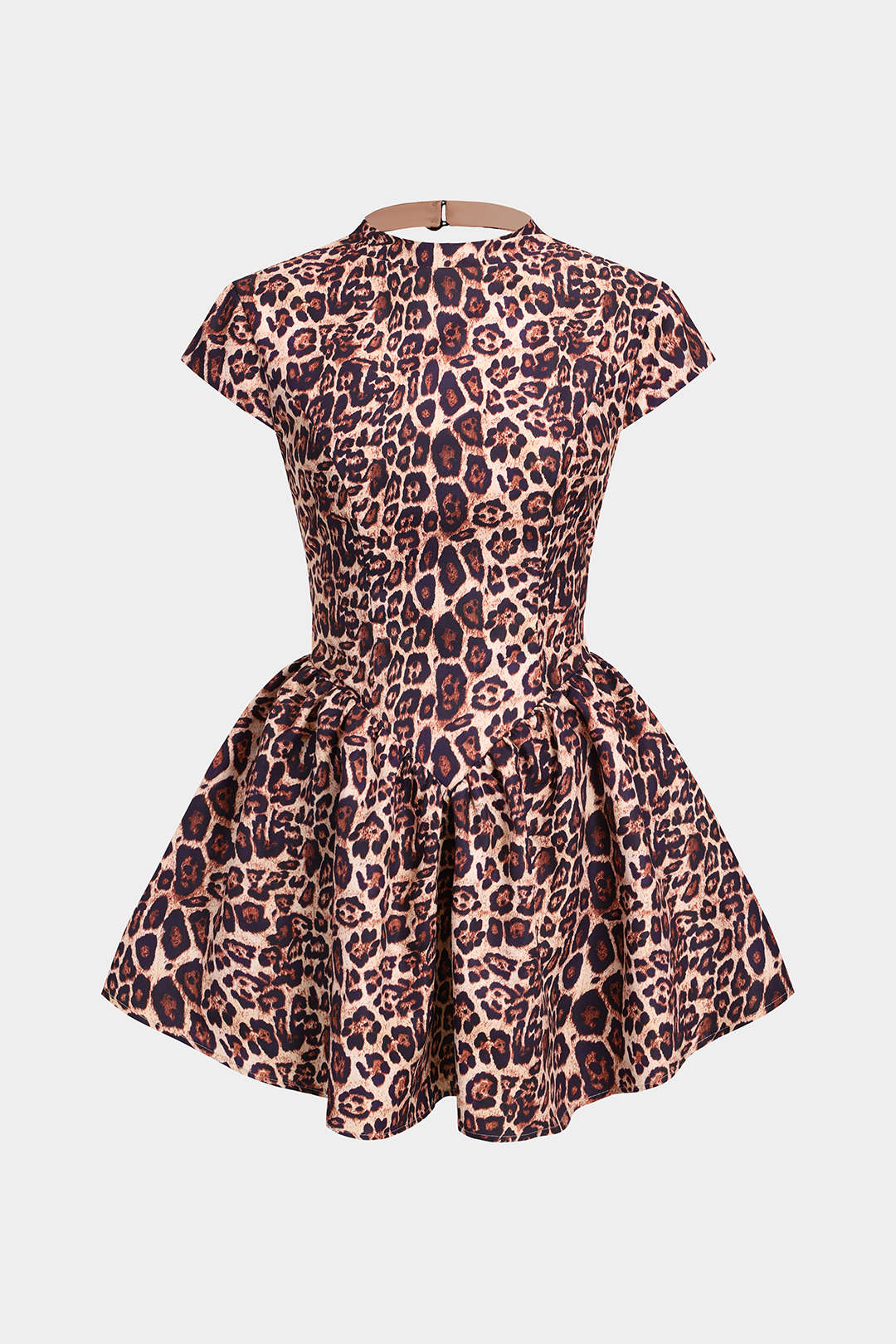 Leopard Print Backless Zipper Button Short Sleeve Mini Dress