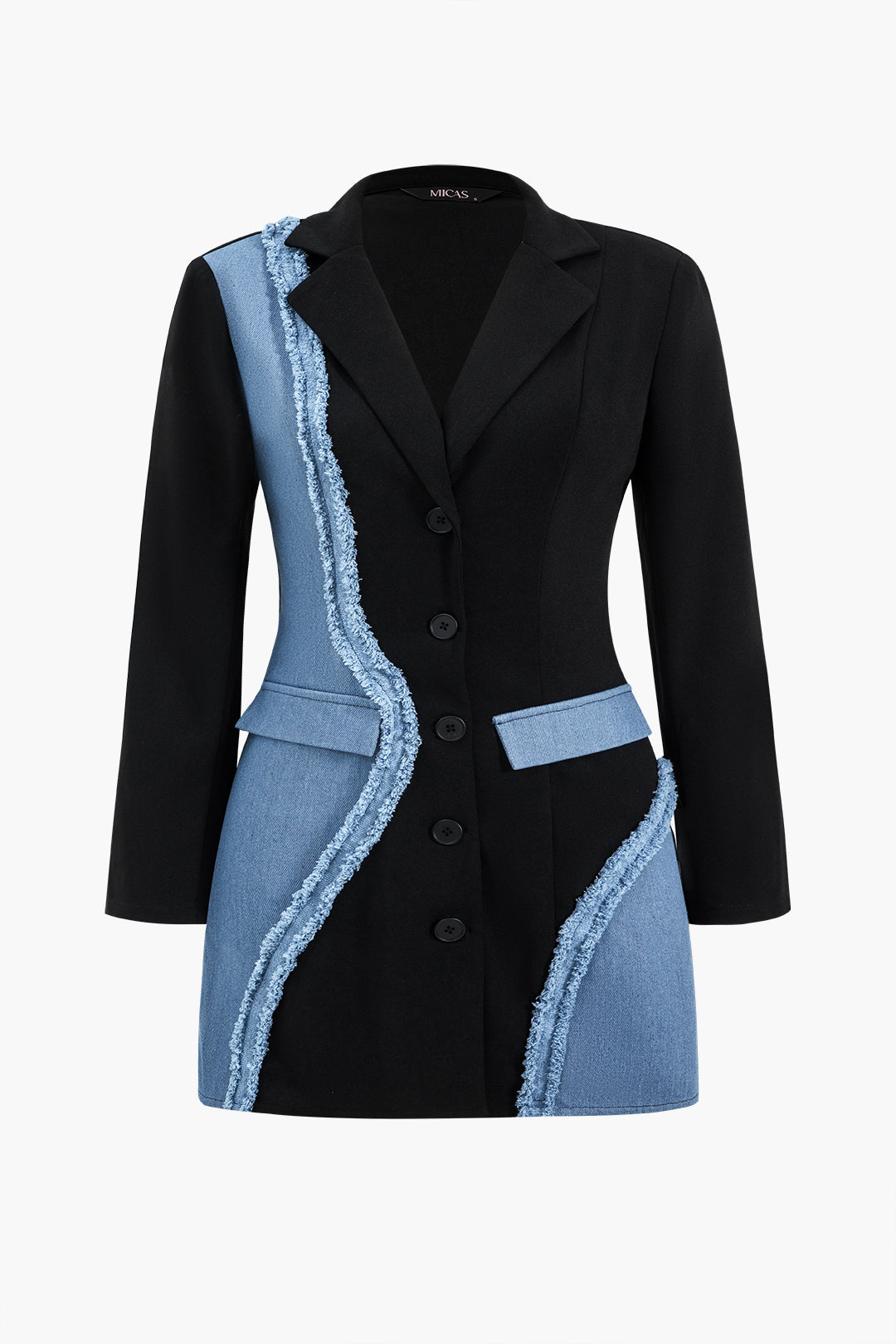 Plus Size Denim Notched Lapel Button Patchwork Blazer Mini Dress