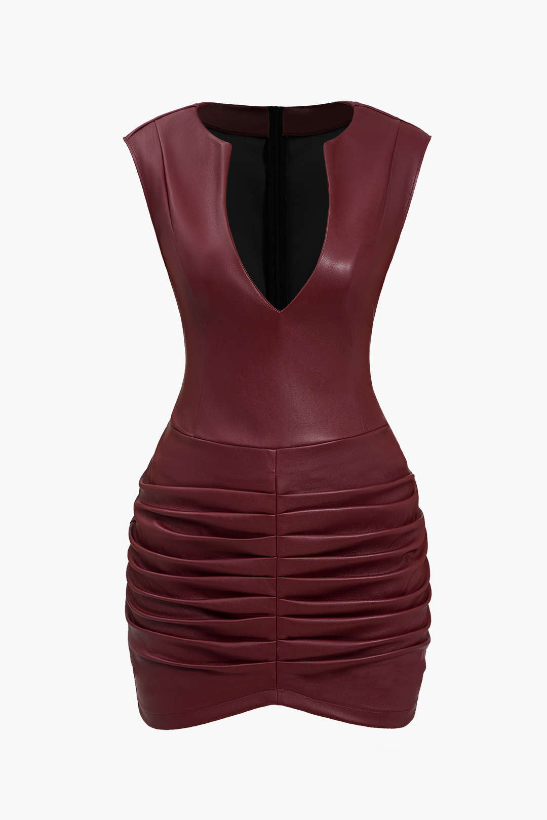 Ruched Faux Leather V-Neck Bodycon Mini Dress