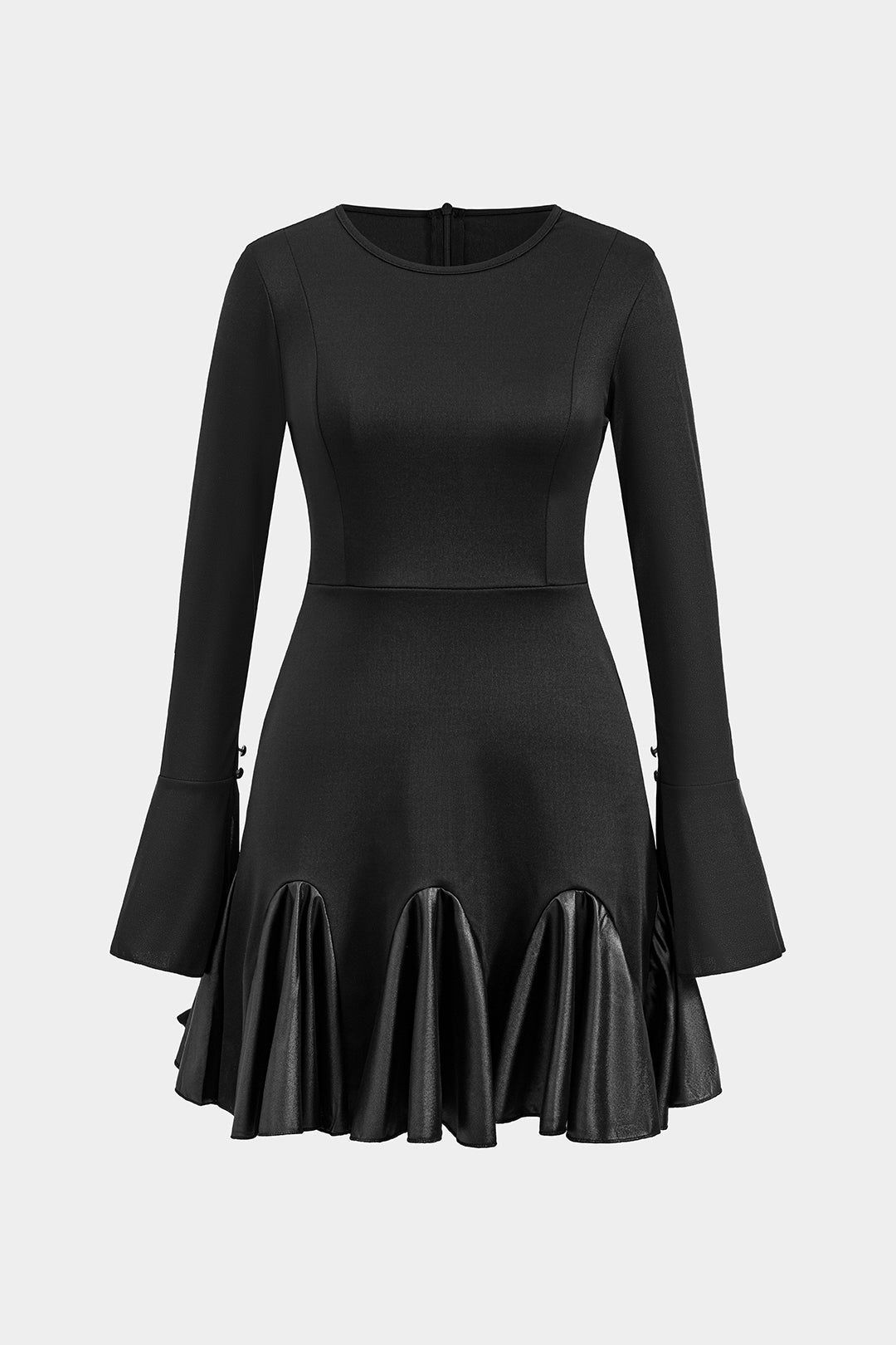 Faux Leather Patchwork Round Neck Long Sleeve Mini Dress