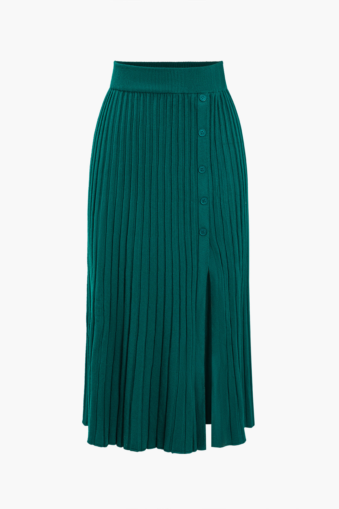 Knit Button Pleated Slit Skirt