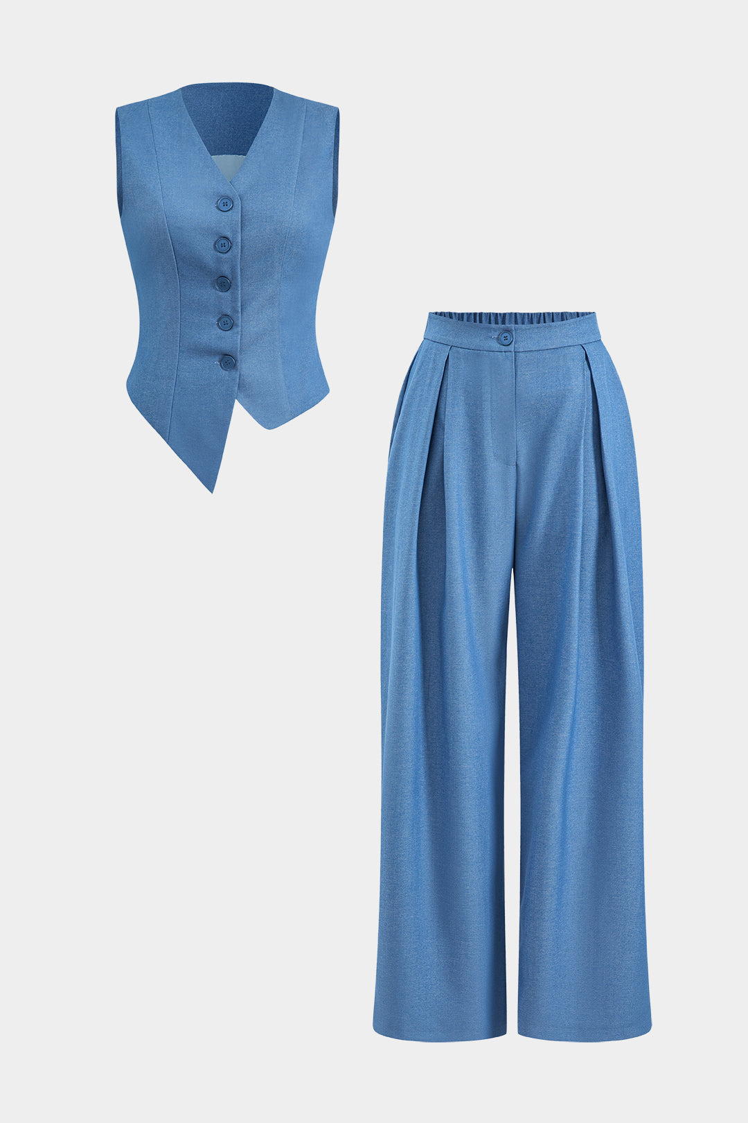 Denim Asymmetrical Button V-Neck Sleeveless Tank Top And Pleated Trousers