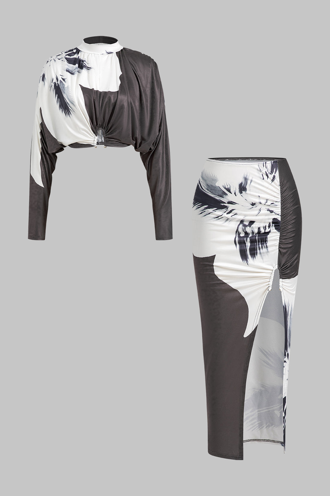 Abstract Print Ruched Mock Neck Long Sleeve Top And Slit Skirt Set