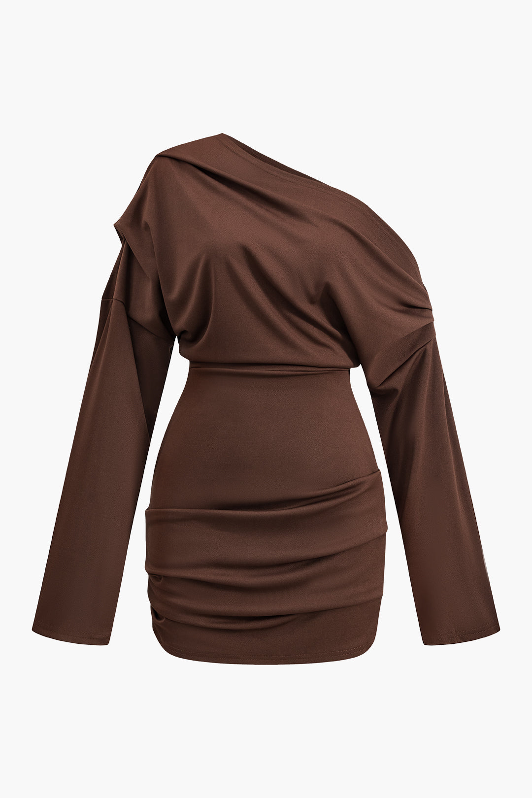 Ruched Asymmetry Shoulder Long Sleeve Mini Dress