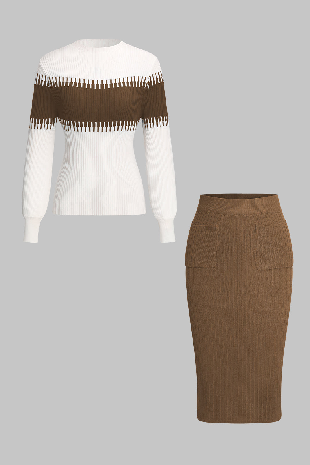 Knit Stripes Long Sleeve Top And Pocket Skirt Set