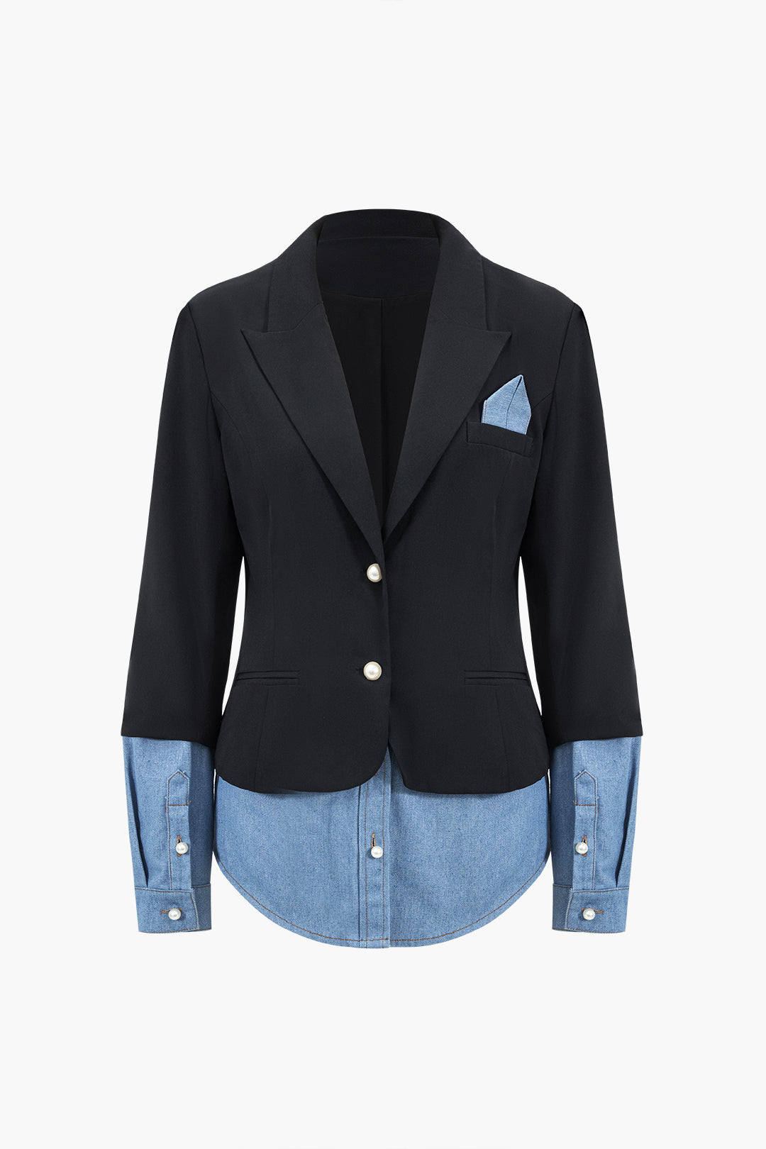 Denim Patchwork Notched Lapel Blazer