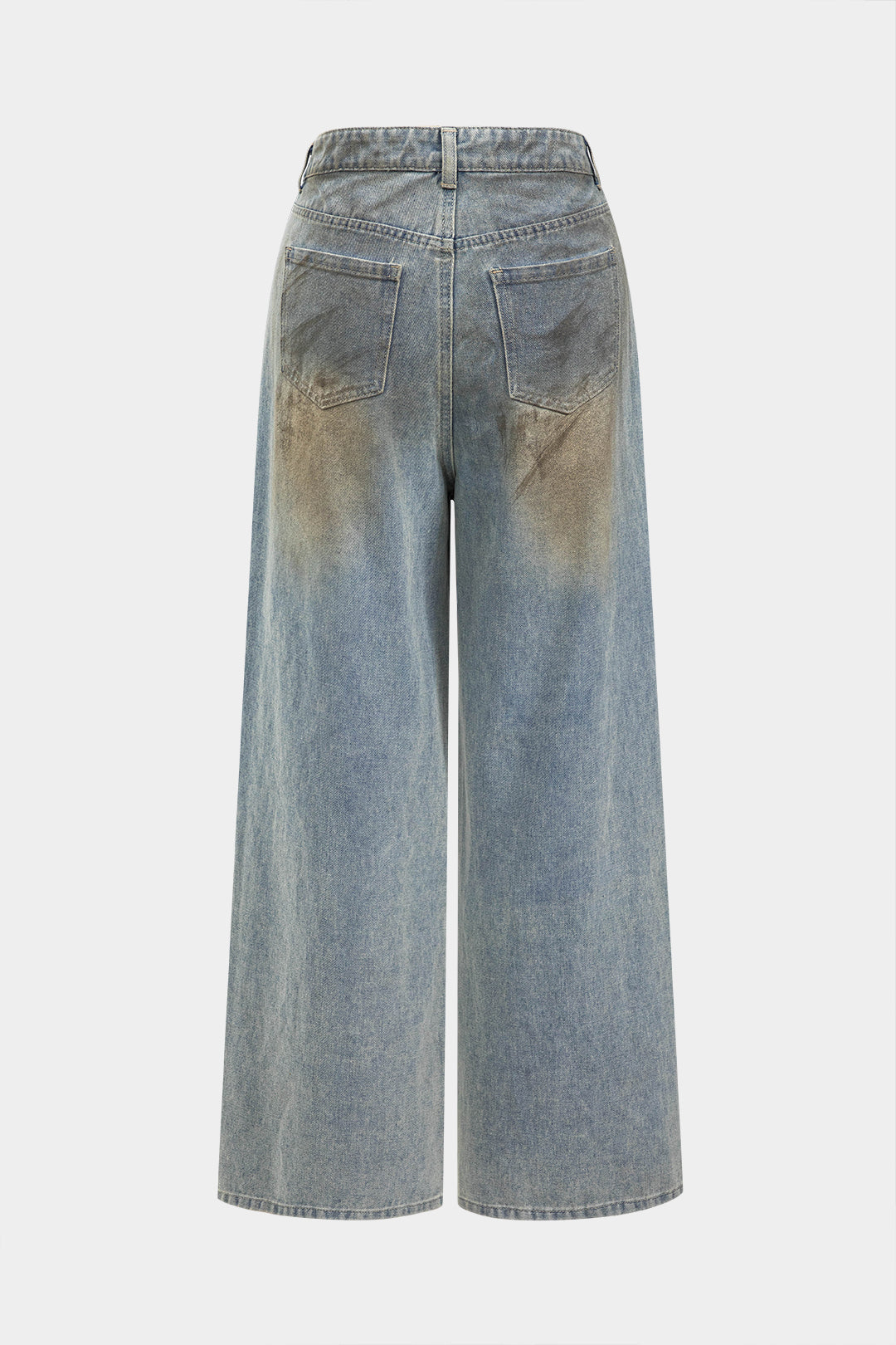 Denim Metallic Star Shape Rivet Pocket Button Wide Leg Jeans