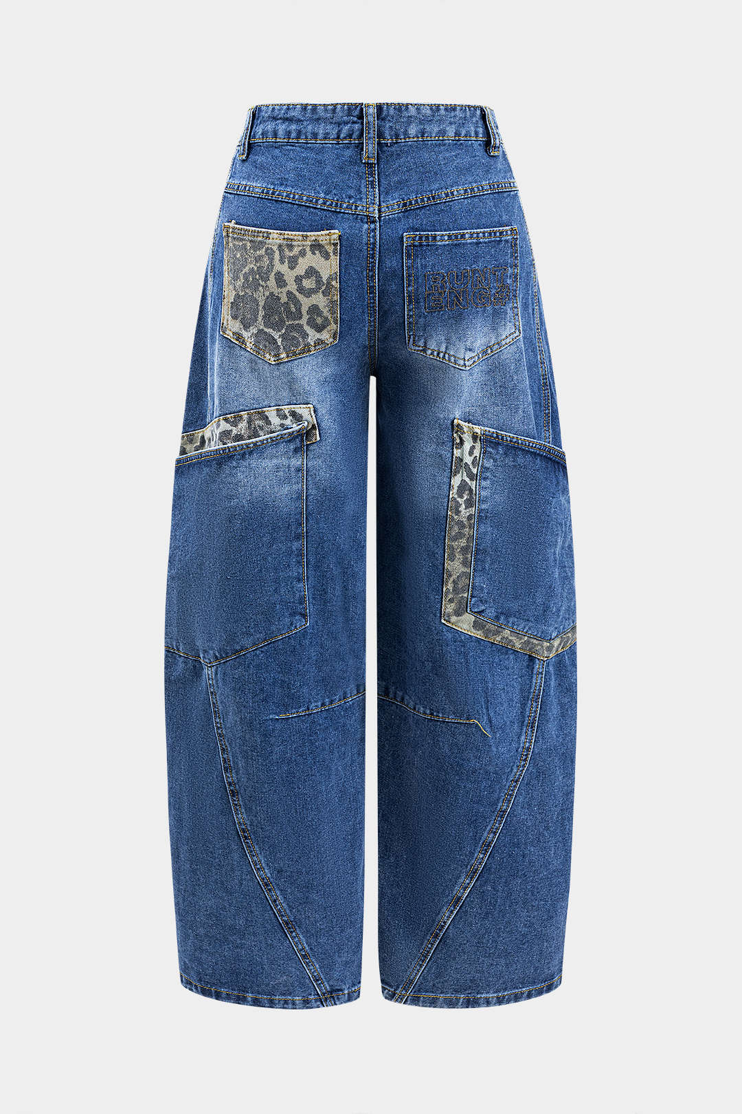 Letter Embroidery Denim Button Pocket Wide Leg Jeans